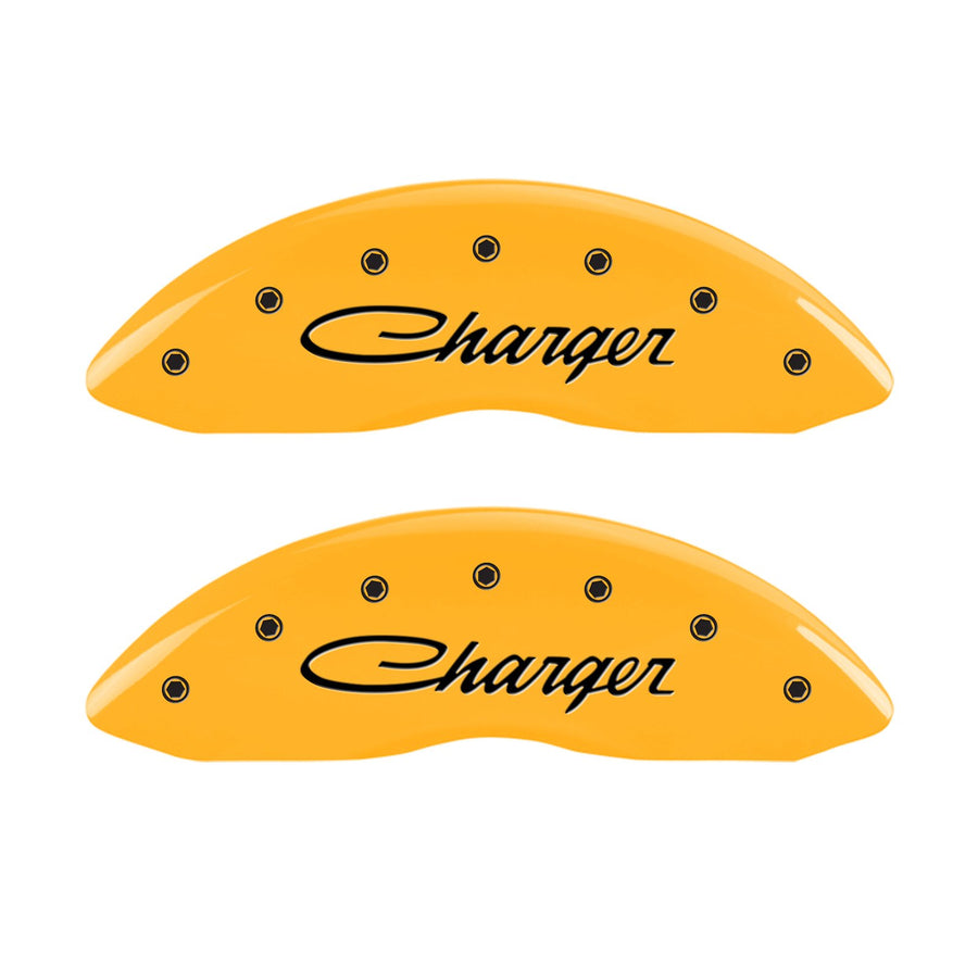 MGP Caliper Covers with Compatible 2011-2023 Dodge Charger and Challenger (Requires 18"+ Wheels & Single Piston Front Caliper) 4 PCS Front and Rear (Yellow - Charger Cursive Engraving)