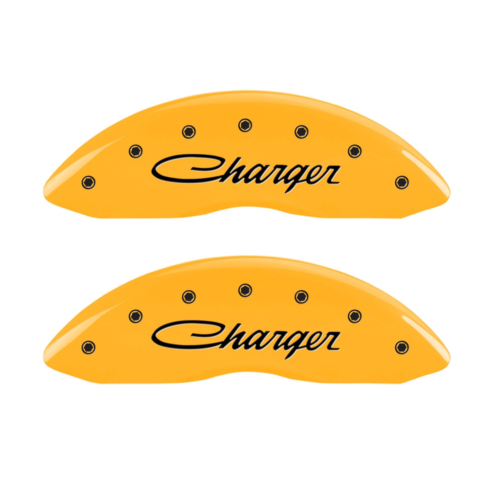 Caliper Covers MGP 12162SCHSYL Yellow (Set of 4, Engraved Front and Rear: Cursive/Charger, Yellow powder coat finish, black characters)