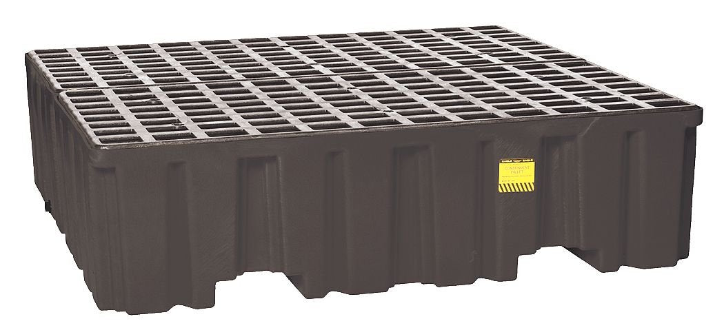 High Capacity Eagle 4 Drum Spill Containment Pallet with Drain and Forklift Pockets, 52.5"x51"x13.75", 132 Gallon Sump, 8,000 lbs. Load Capacity Secondary Containment Pallet, Made in USA, Black, 1640B