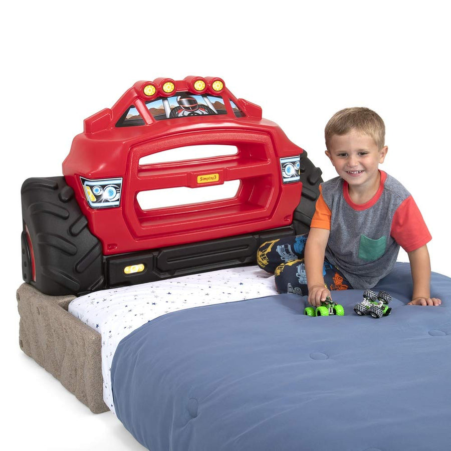 Monster Truck Simplay3 Headboard, Twin Size Plastic Car Bed Headboard for Kids, Toddlers and Boys with Toy Car Storage - Red, Made in USA
