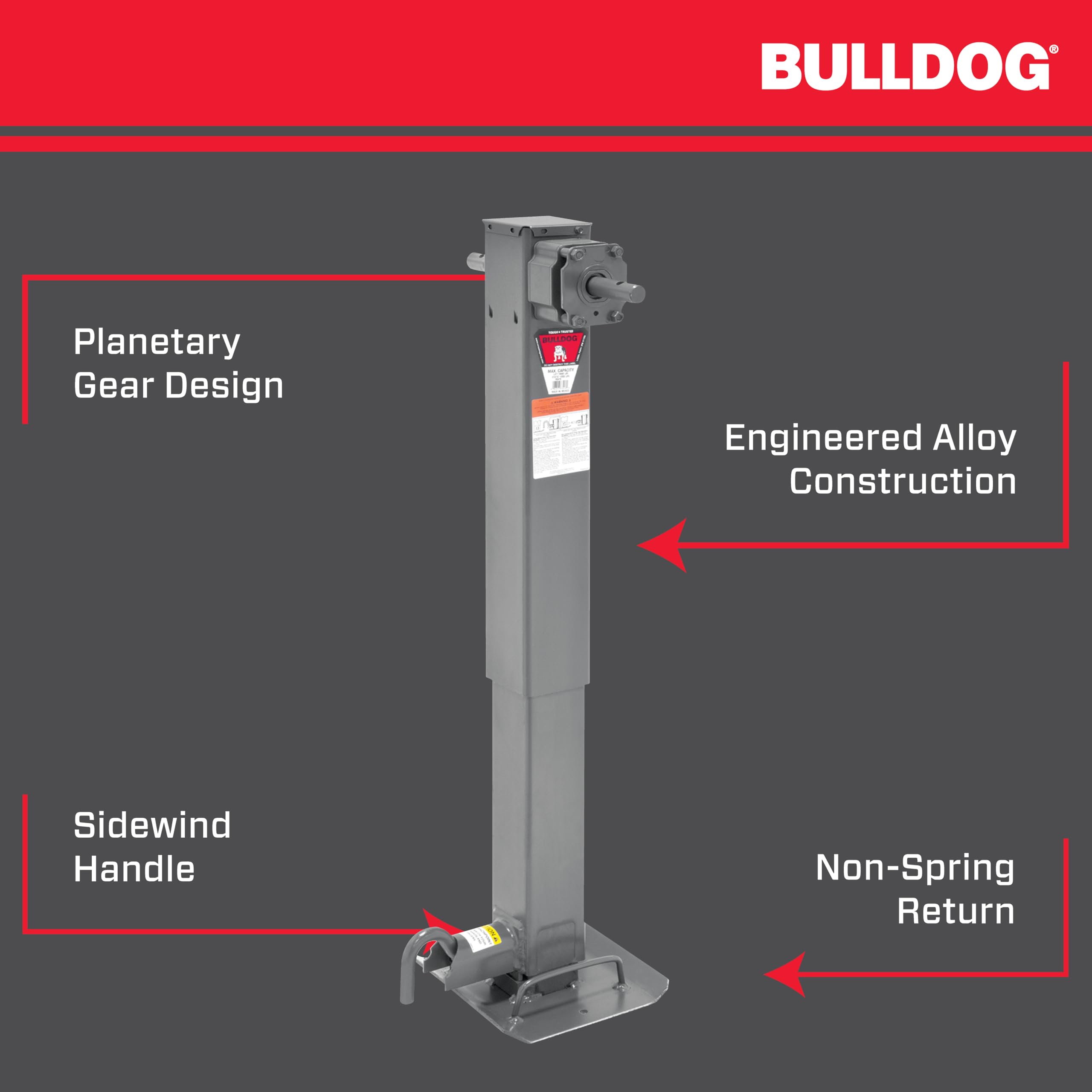Two-Speed Bulldog 183416 Square Trailer Jack, 12,000 lbs. Lift Capacity, Sidewind, 12-1/2 Inch Travel, Non Spring Return, Pull Pin to The Front