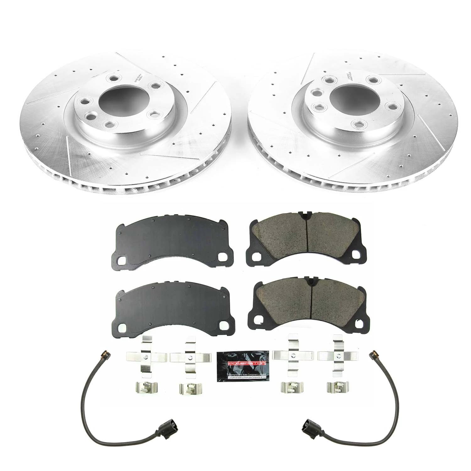 Power Stop K8476 Z23 Carbon Fiber Brake Pads with Drilled & Slotted Brake Rotors Kit and 2 Front Sensor Wires For Porsche Cayenne 2013-2018 [Model Specific]