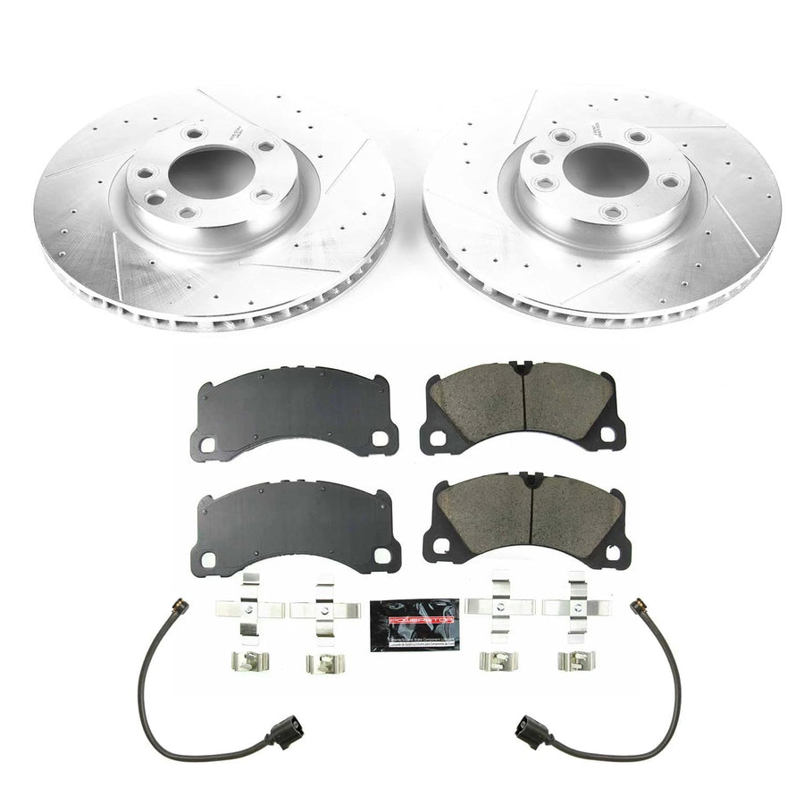 Power Stop K8476 Z23 Carbon Fiber Brake Pads with Drilled & Slotted Brake Rotors Kit and 2 Front Sensor Wires For Porsche Cayenne 2013-2018 [Model Specific]