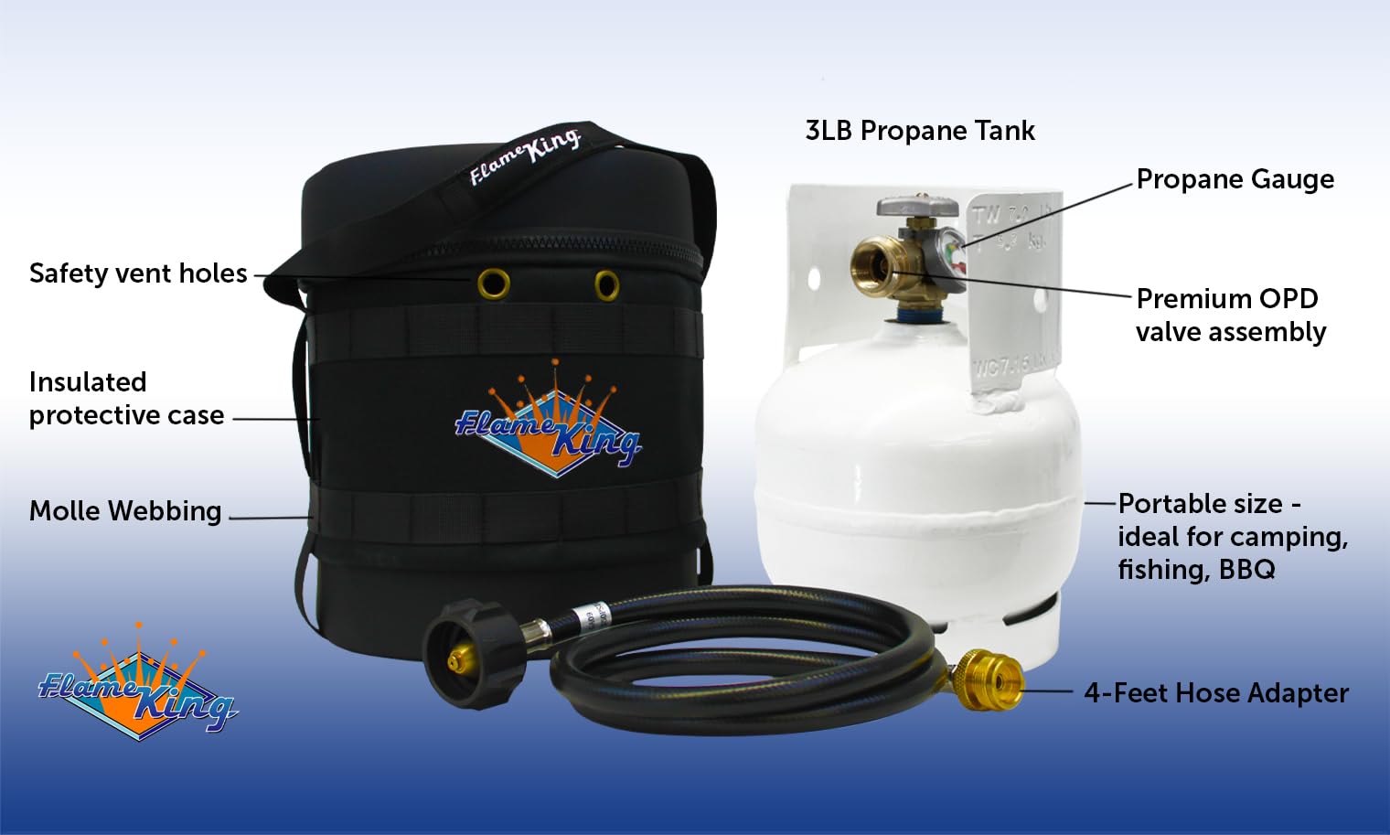 Gas Hauler Kit Flame King - Insulated Protective Carry Case, 3LB Propane Tank and Adapter Hose for Camping and Outdoor Adventures, Black/White
