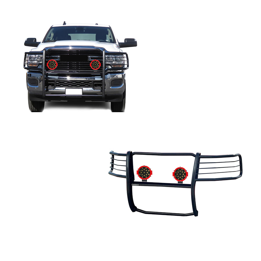 Bumper Guard Modular Black Black Horse Grille Brush Come with Pair of 7.0" Dia.LED Lights with Red Trim Rings Compatible with 2019-2024 Ram 2500|2019-2024 Ram 3500-17DG113MA-PLR