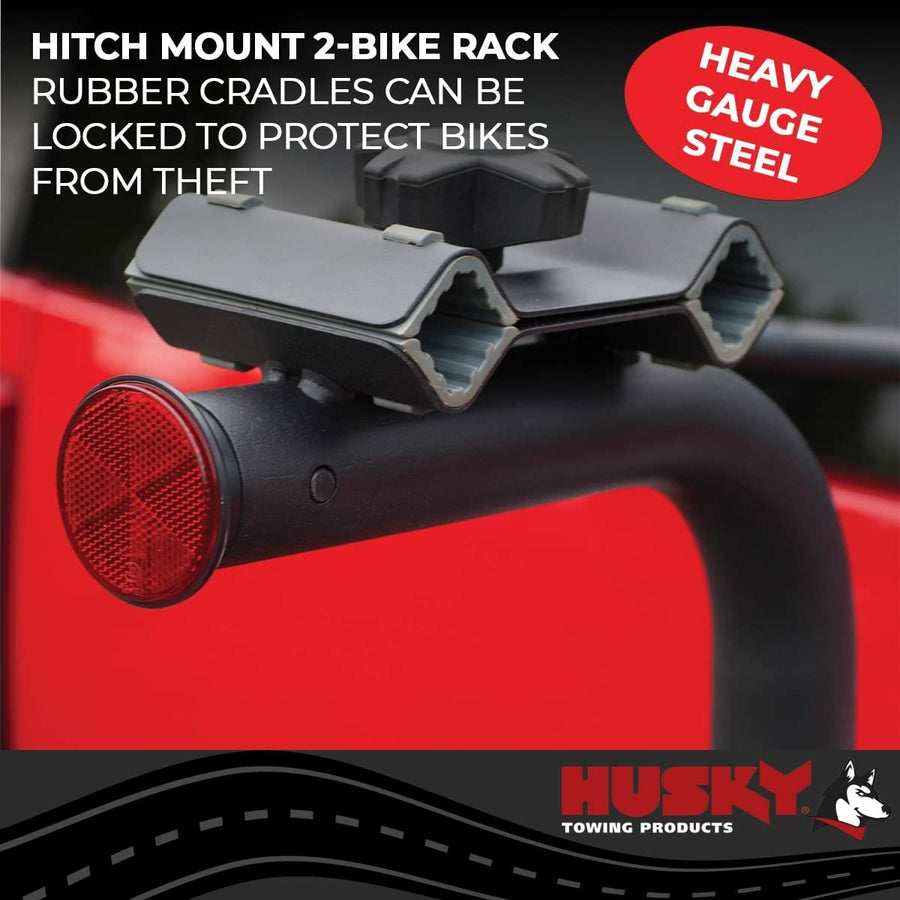 Husky Bike Rack Towing 81146, 2 Inch Receiver Hitch Mount, Holds 2 Bikes, Up to 60 Pound Weight Capacity, Bike Frame Clamp, Without Lock, Non-Foldable, Black Powder Coated, Steel