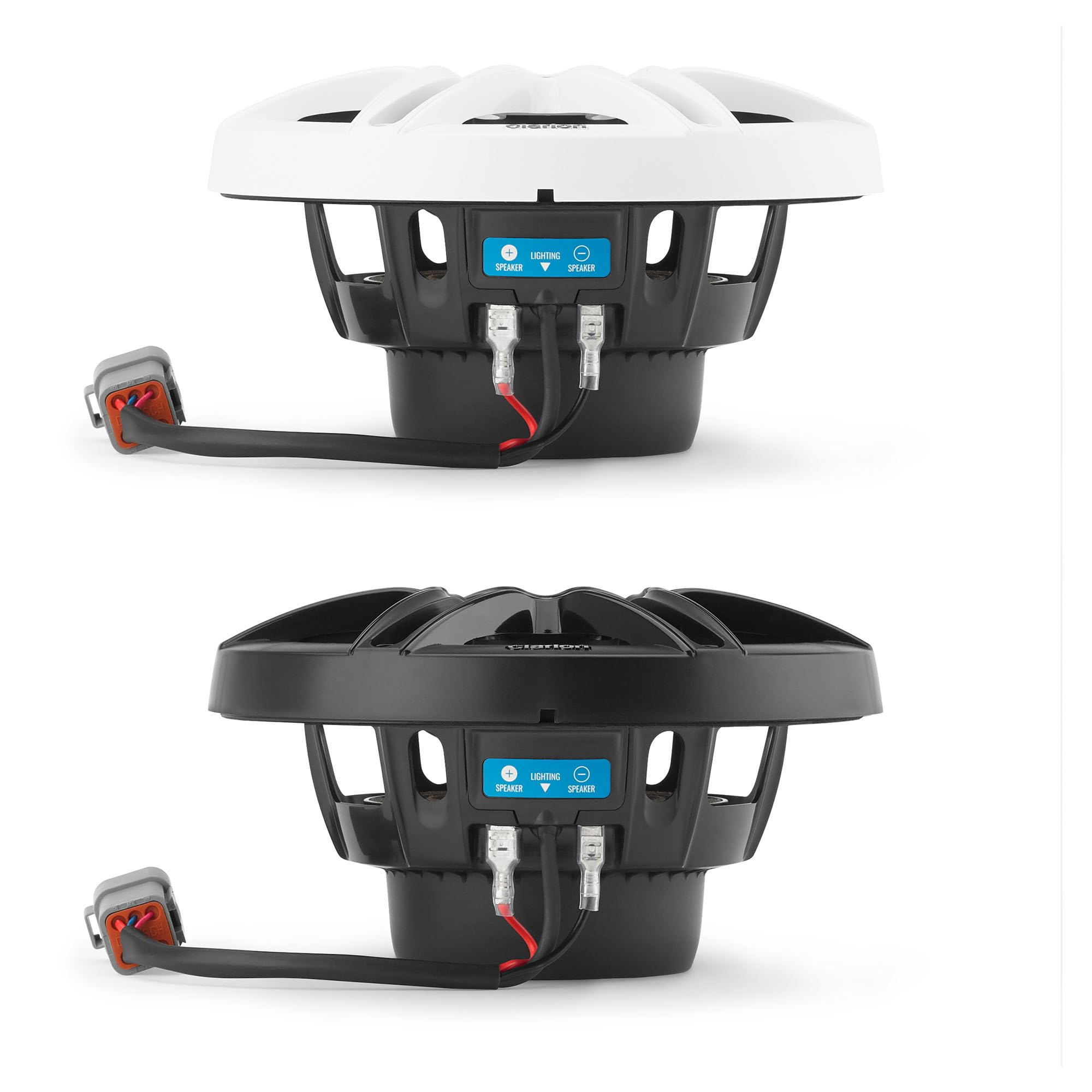 CMS-651RGB-SWB Clarion 6.5-inch Coaxial Marine Speakers with Built-in RGB Illumination 30W RMS Power handling 1/2-inch (13 mm) Polymer Dome Tweeter Includes White & Black Sport Grilles