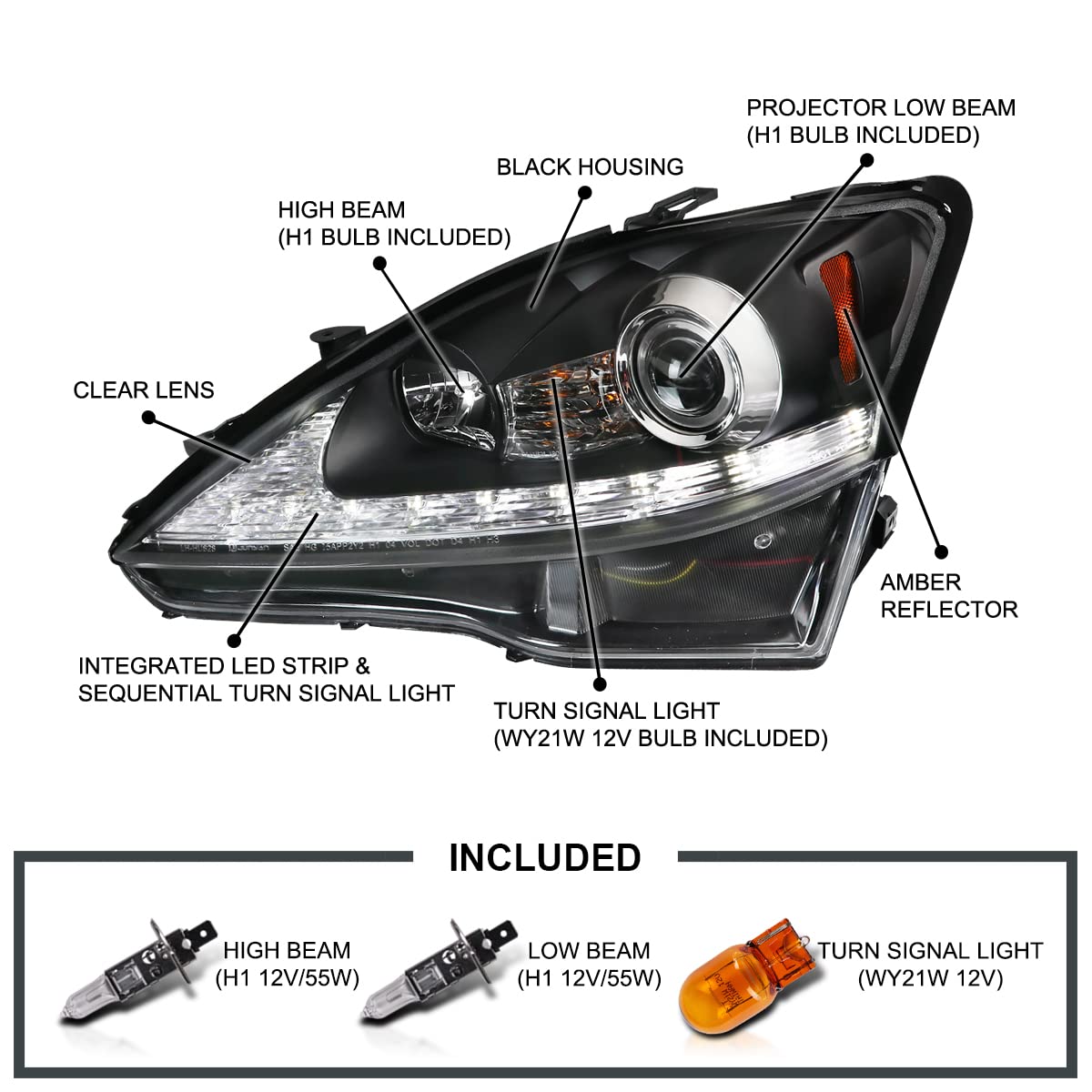 Black Projector Headlights SPEC-D TUNING w/Sequential LED Signal Compatible with 2006-2010 Lexus IS250 IS350, Left + Right Pair Headlamps Assembly
