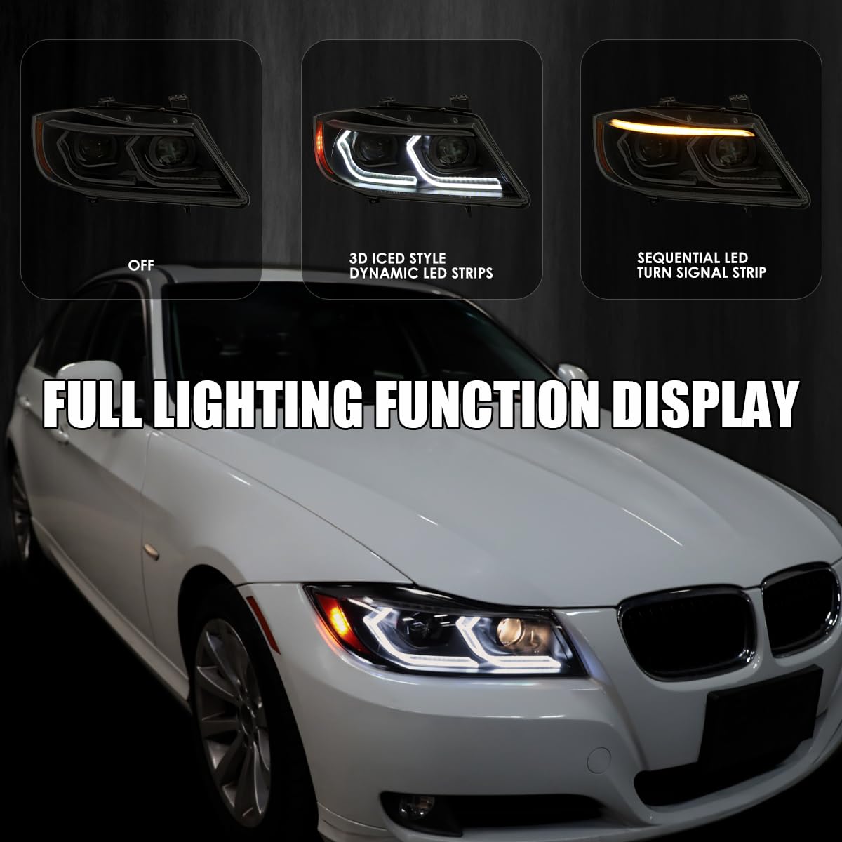 Black Smoke SPEC-D TUNING Dual Projector Headlights with 3D LED Tube and Startup Animation Compatible with 2006-2011 BMW 3-Series E90 Sedan/E91 Wagon, Left + Right Pair Headlamps Assembly