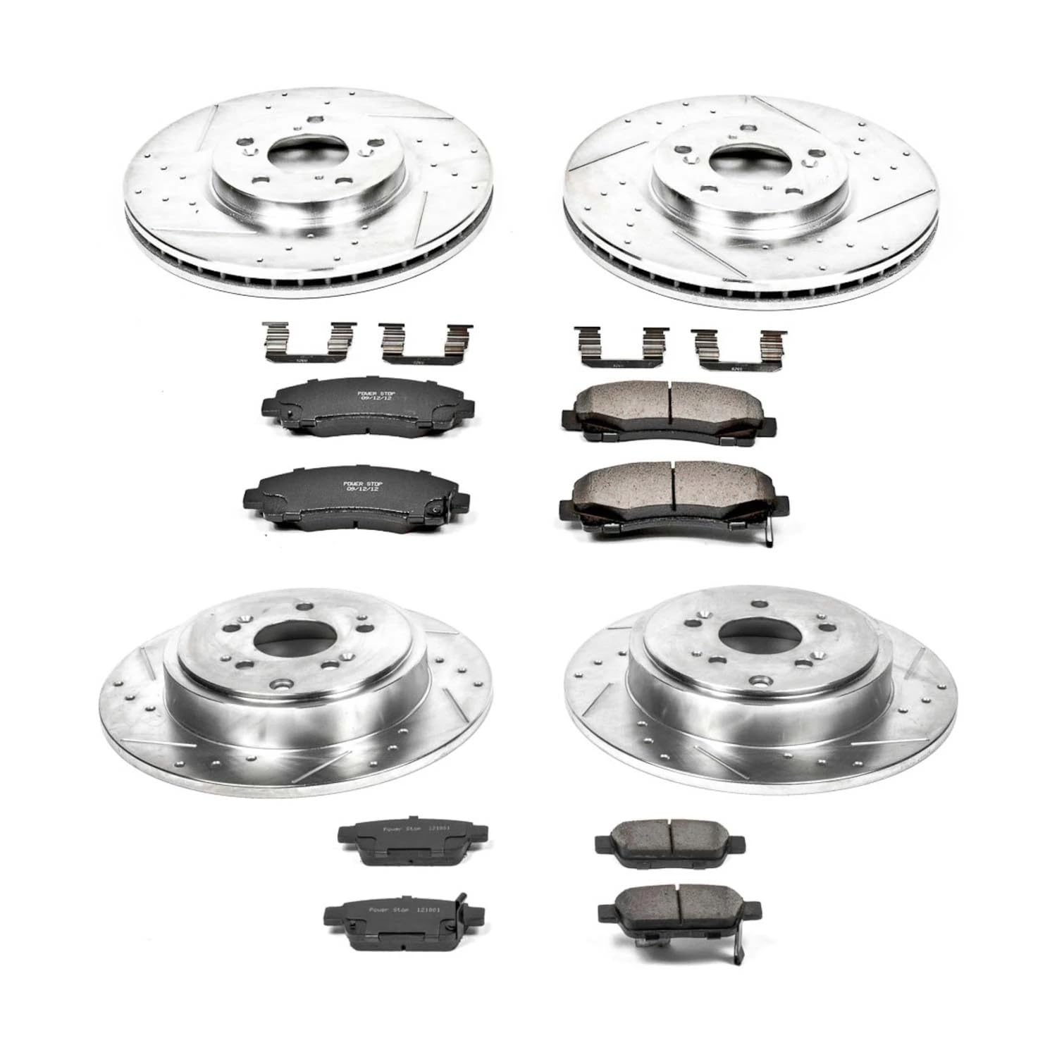 Power Stop K2430 Z23 Carbon Fiber Brake Pads Front and Rear with Drilled & Slotted Brake Rotors Kit For Honda Ridgeline 2006-2011 [Model Specific]