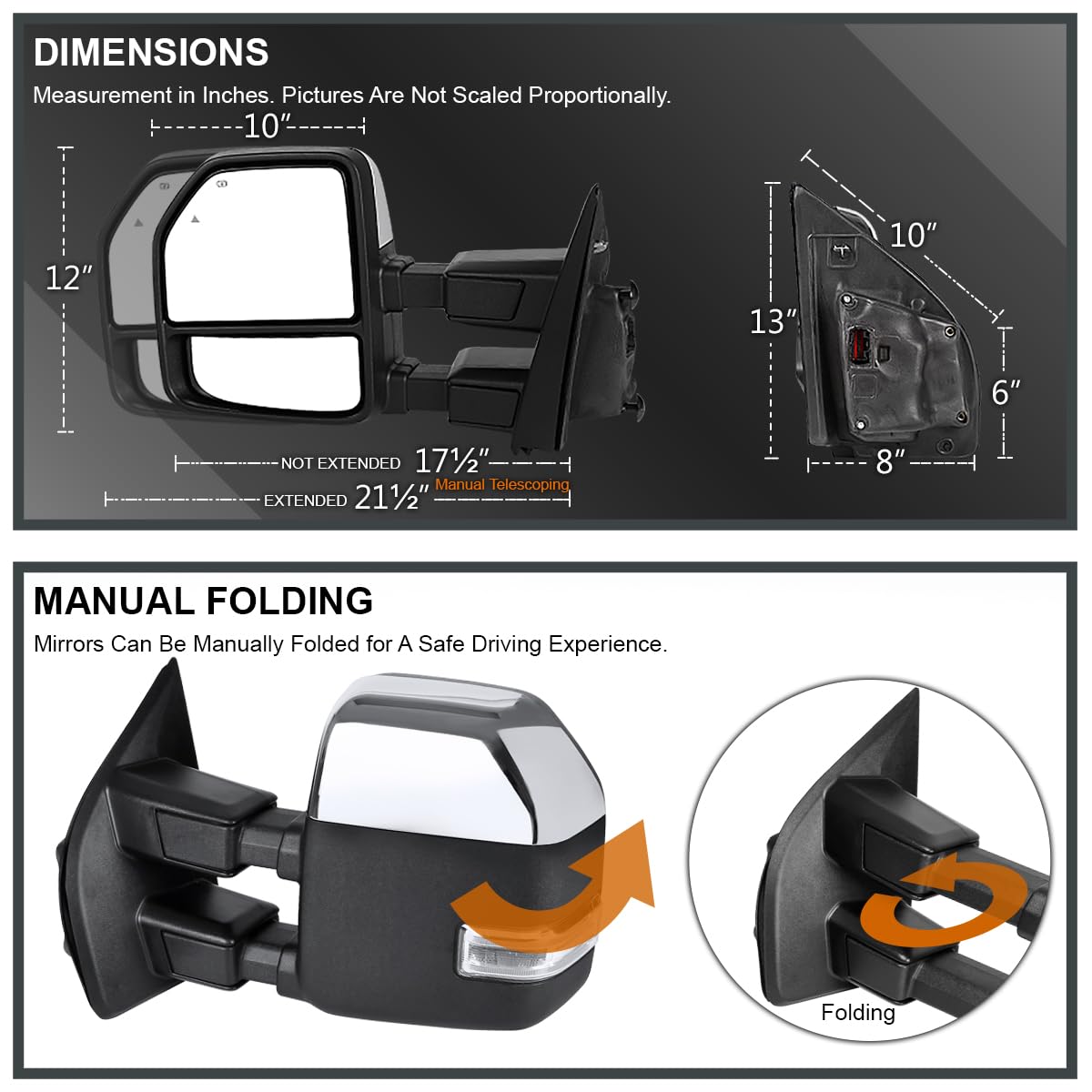 Spec-D Tuning Power Heated Chrome Tow Mirrors w/Temperature Sensor + LED Signal Compatible with 2017-2019 Ford F250 F350 F450 Super Duty Left + Right Pair