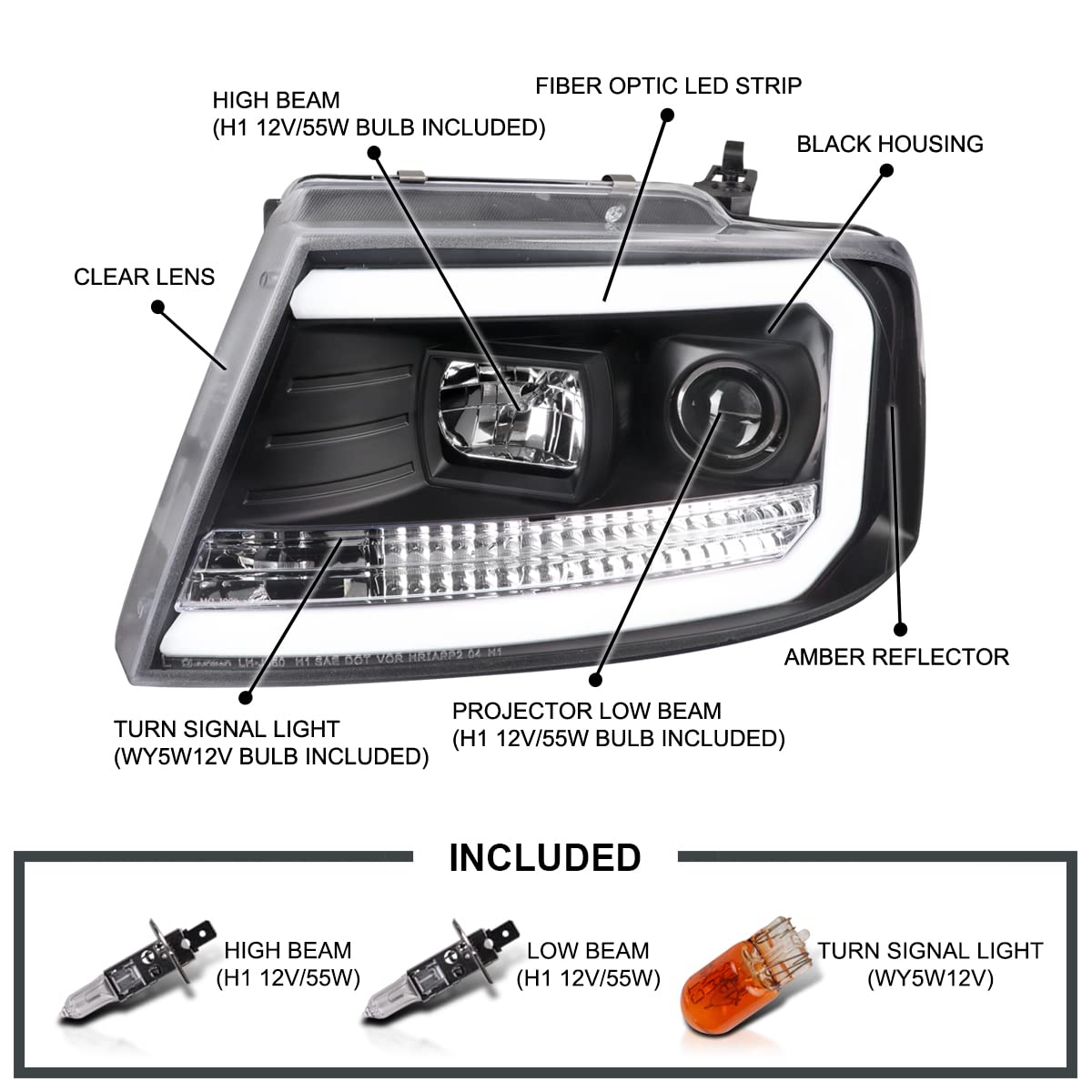 Black LED Tube Projector Headlights SPEC-D TUNING Compatible with 2004-2008 Ford F-150, 2006-2008 Lincoln Mark LT, Left + Right Pair Headlamps Assembly