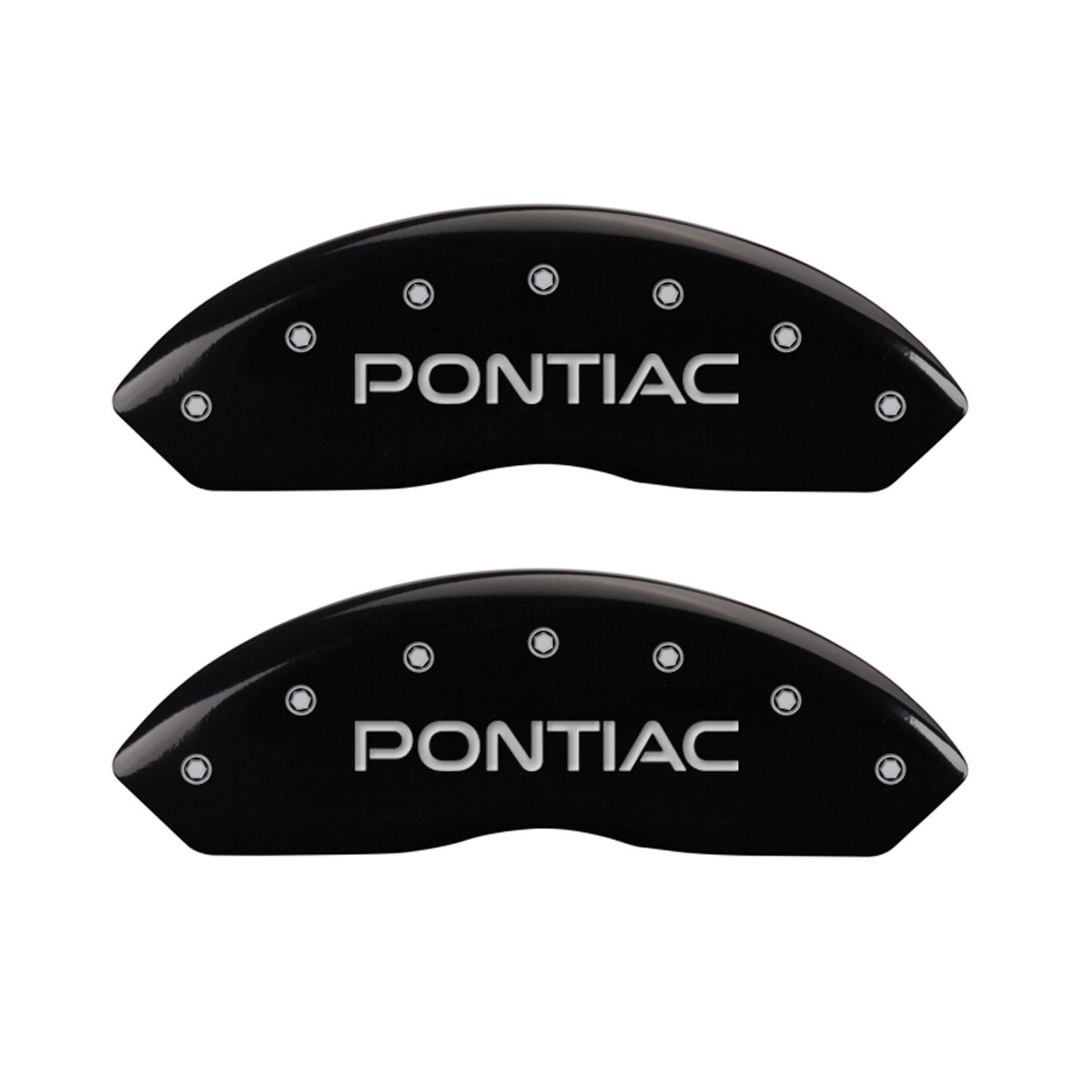 Caliper Covers MGP 18030SPOPBK (Black Powder Coat Finish, Engraved Front and Rear: Pontiac, Silver Characters, Set of 4)