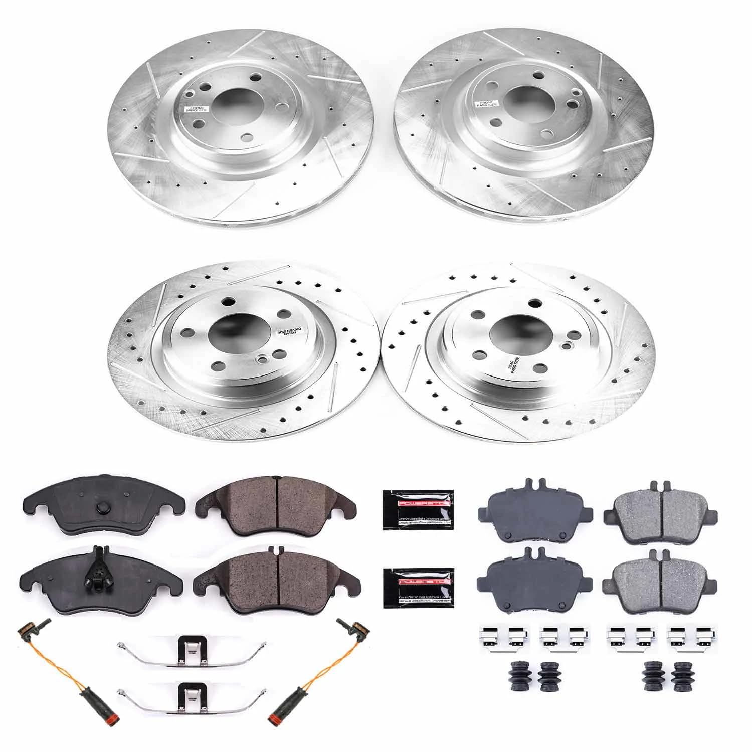 Power Stop K6892 Z23 Carbon Fiber Brake Pads Front and Rear with Drilled & Slotted Brake Rotors Kit and 1 Front & 1 Rear Sensor Wires For Mercedes-Benz SLK350 2012-2016 [Model Specific]