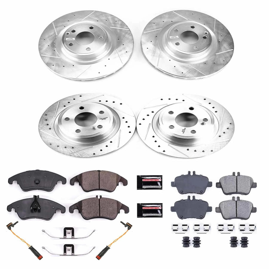 Power Stop K6892 Z23 Carbon Fiber Brake Pads Front and Rear with Drilled & Slotted Brake Rotors Kit and 1 Front & 1 Rear Sensor Wires For Mercedes-Benz SLK350 2012-2016 [Model Specific]