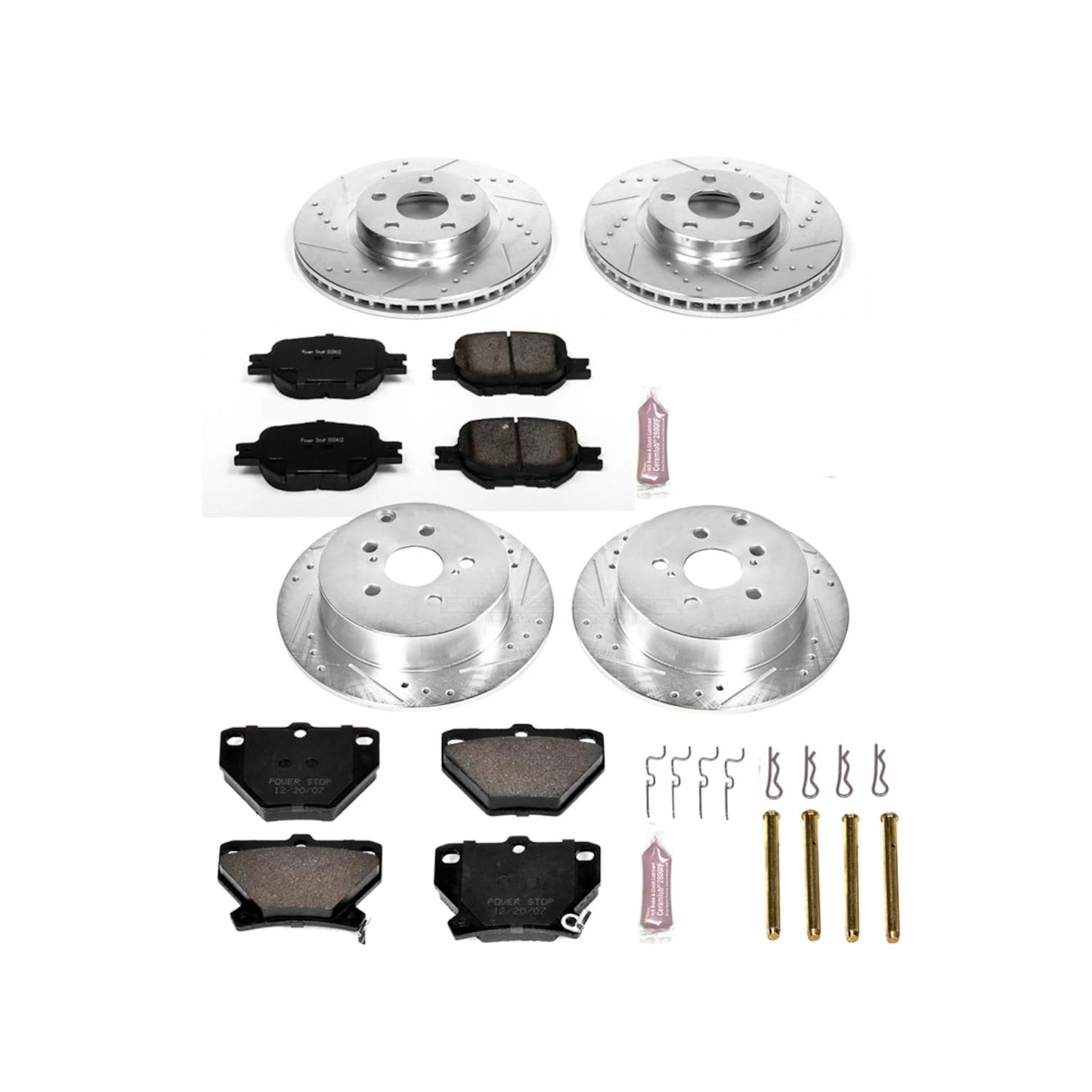Power Stop K2314 Z23 Carbon Fiber Brake Pads Front and Rear with Drilled & Slotted Brake Rotors Kit For Toyota Celica 2000-2005 [Model Specific]