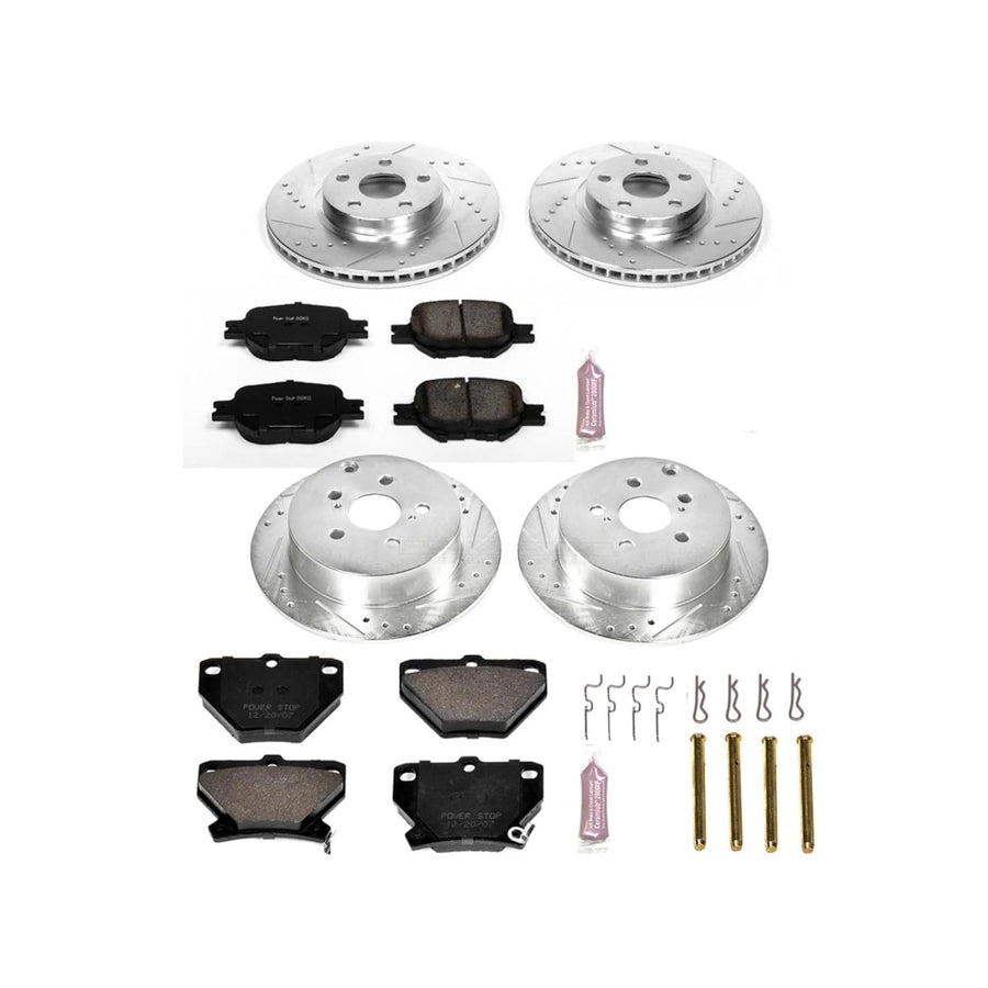 Power Stop K2314 Z23 Carbon Fiber Brake Pads Front and Rear with Drilled & Slotted Brake Rotors Kit For Toyota Celica 2000-2005 [Model Specific]