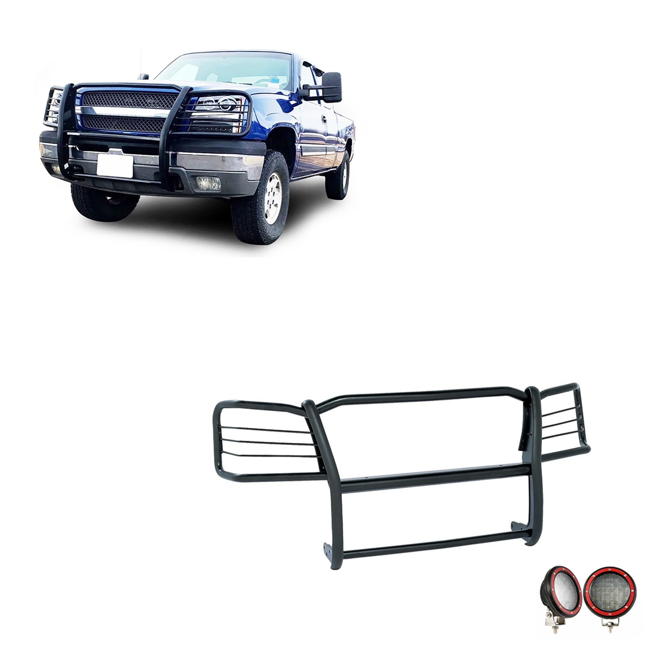 Grille Brush Black Horse Bumper Guard Modular Come with Pair of 5.3" LED Lights with Red Trim Rings Compatible with 2003-2006 Silverado 1500|2007 Silverado 1500 HD Classic-17GT25MA-PLFR