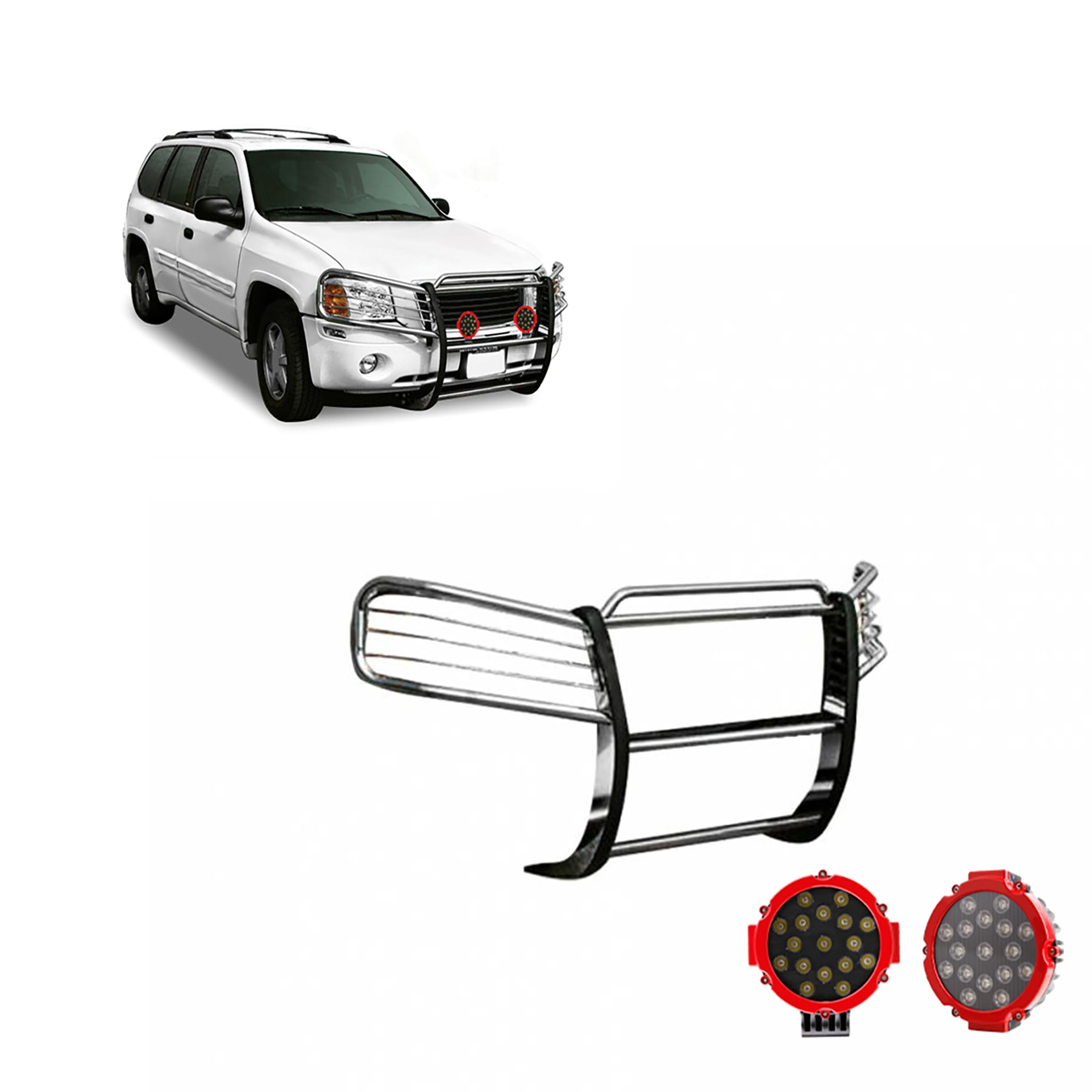 Grille Brush Black Horse Bumper Guard Modular Stainless Steel Come with Pair of 7.0" Dia.LED Lights with Red Trim Rings Compatible with 2002-2009 GMC Envoy-17GD26MSS-PLR