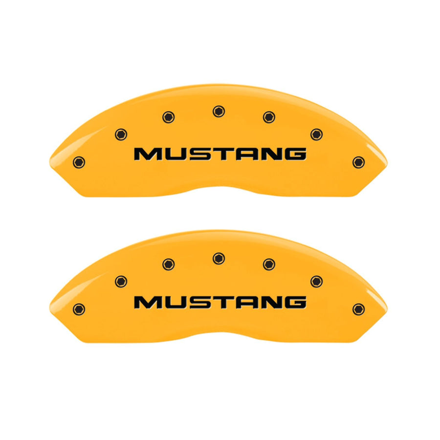 Caliper Covers MGP 10095SMG1YL (Yellow Powder Coat Finish, Engraved Front: Mustang - Engraved Rear: SN95/GT, Black Characters, Set of 4)