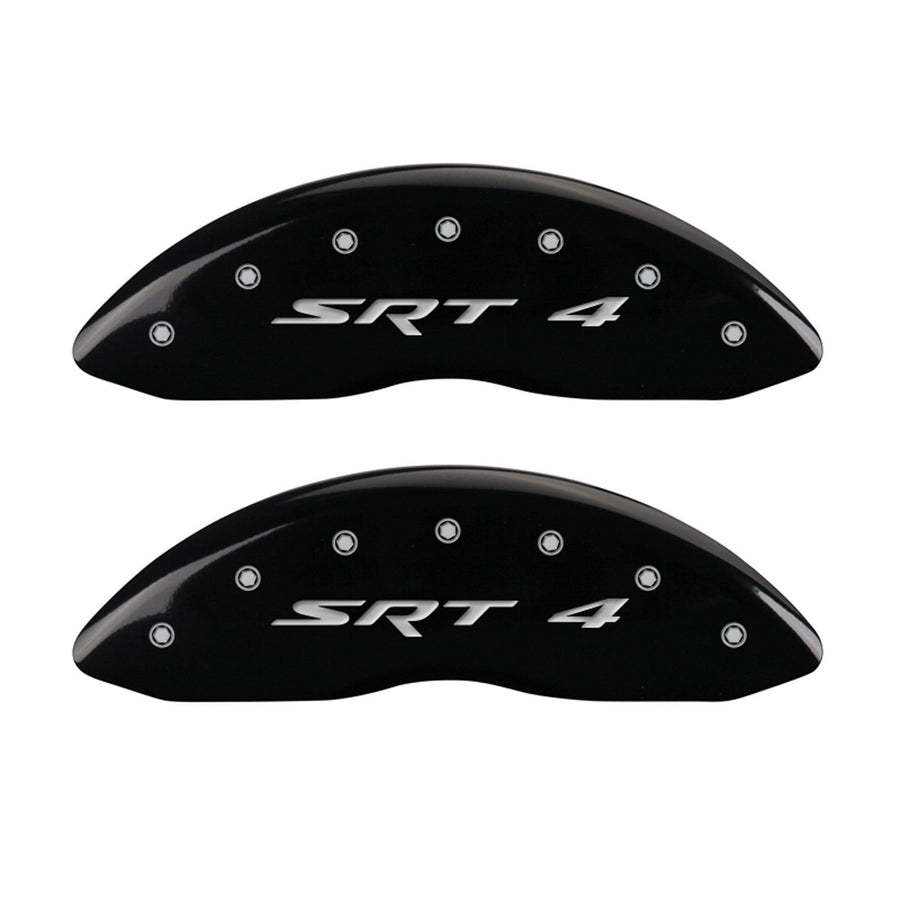 MGP 12002FSR4BK Caliper Covers Black Powder Coat Finish Front Caliper Cover, Set of 2 (SRT4, Silver Characters, Engraved)
