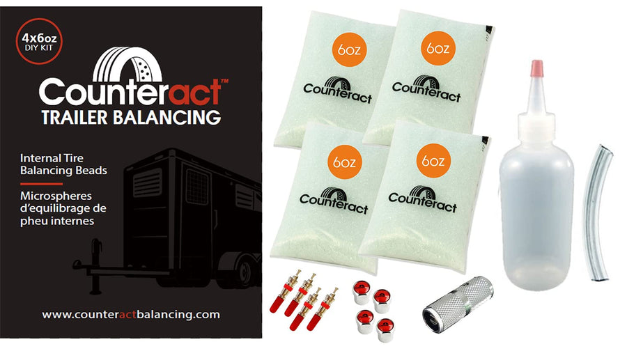 DIY Tire/Wheel Balancing Beads Kit Counteract DIYTK6-4 – for All Trailers, Includes (4) 6oz Bead Bags, (4) Valve Caps & Cores, (1) Core Remover, & Injector Bottle