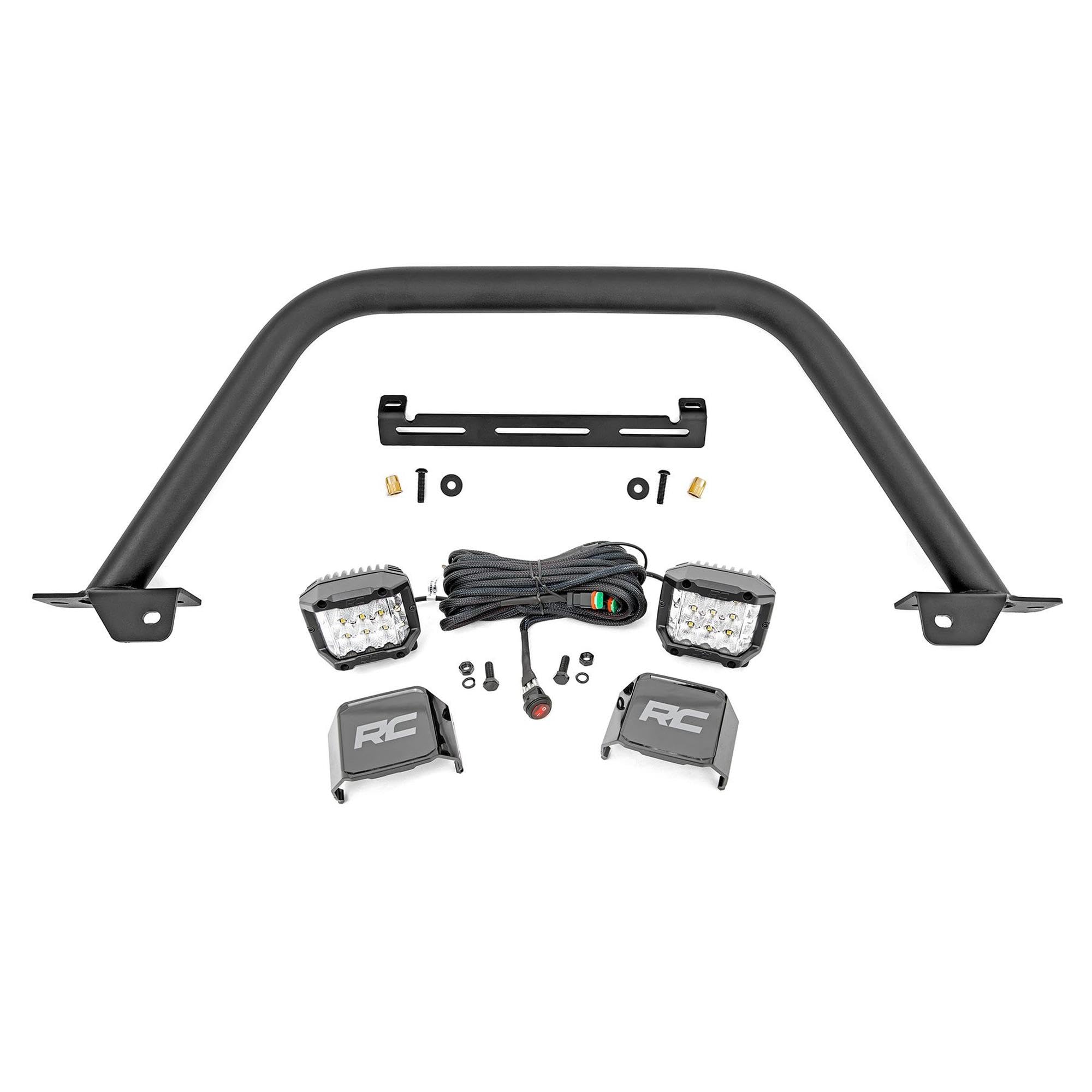 Rough Country Bull Bar Safari with Dual 3" Wide Angle LED Light for Ford Bronco (2021-2025) - 2" Tubular Bar with (2) 3-inch Wide-Beam LED Lights
