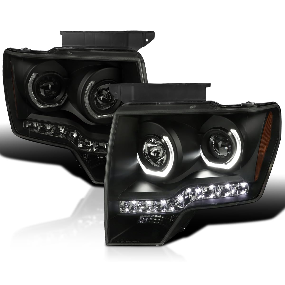 Black Smoke LED Dual U-Halo Rims Projector Headlights Lamps SPEC-D TUNING Compatible with 2009-2014 Ford F150, Left + Right Pair Headlamps Assembly