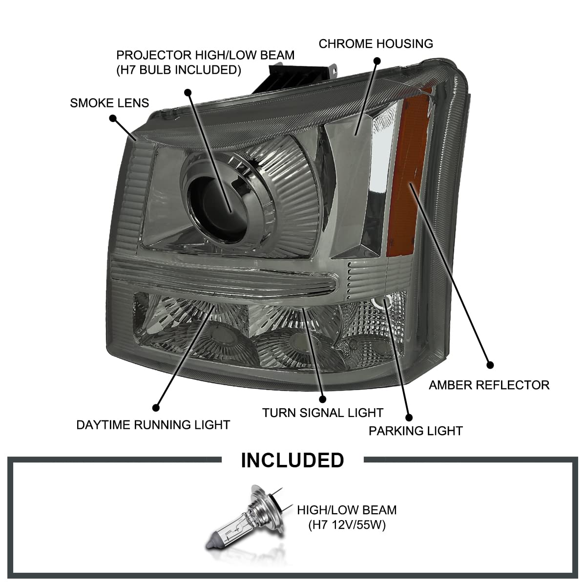Smoke Projector Headlights SPEC-D TUNING Compatible with 2003-2007 Chevy Silverado, 2002-2006 Chevy Avalanche Without Body Cladding, Left + Right Pair Headlamps Assembly
