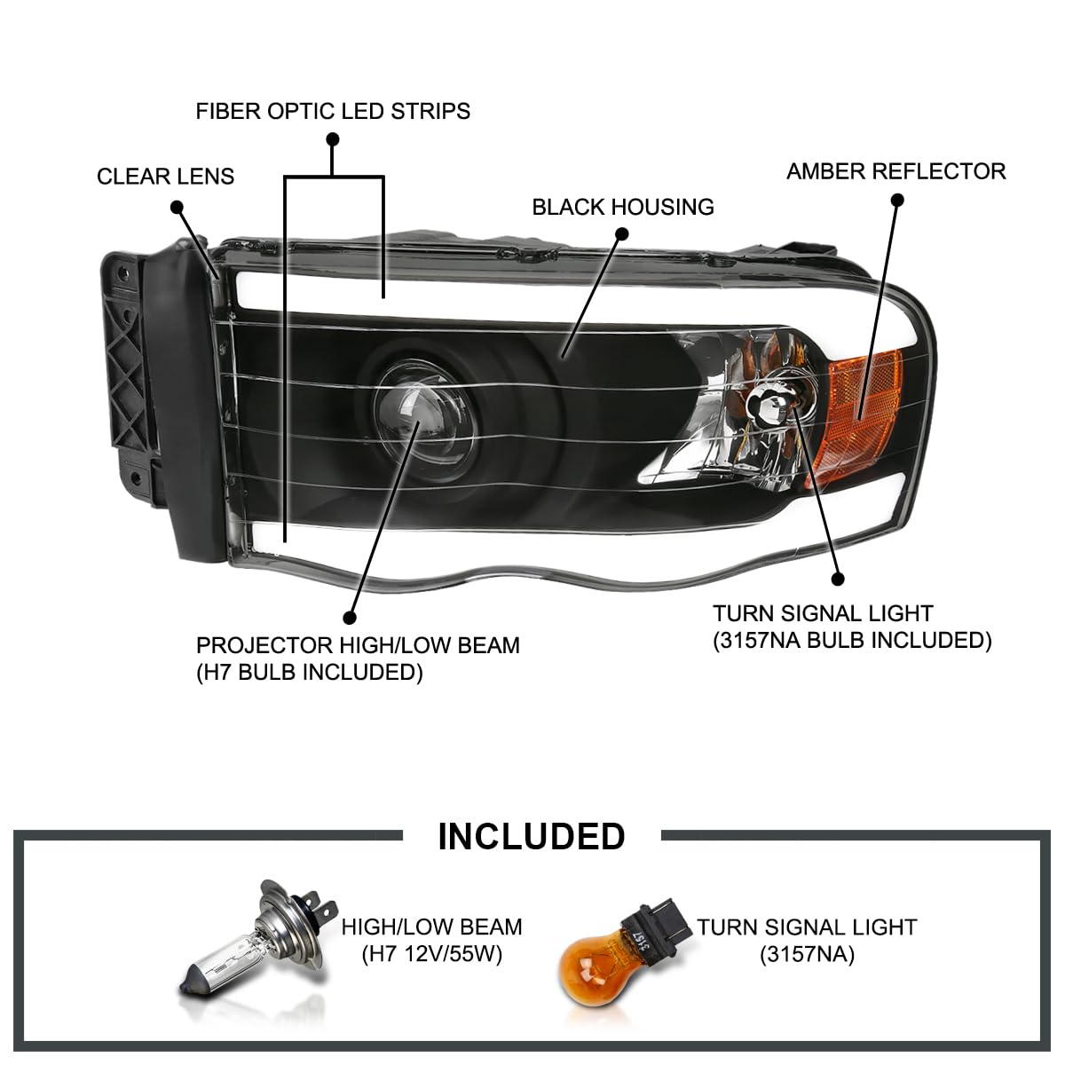 Matte Black LED Tube Projector Headlights SPEC-D TUNING Compatible with 2002-2005 Dodge Ram 1500, 2003-2005 Dodge Ram 2500/3500, Left + Right Pair Headlamps Assembly