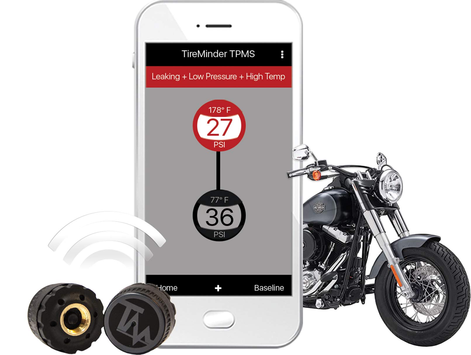 Motorcycle TireMinder® TPMS with 2 Bluetooth Transmitters