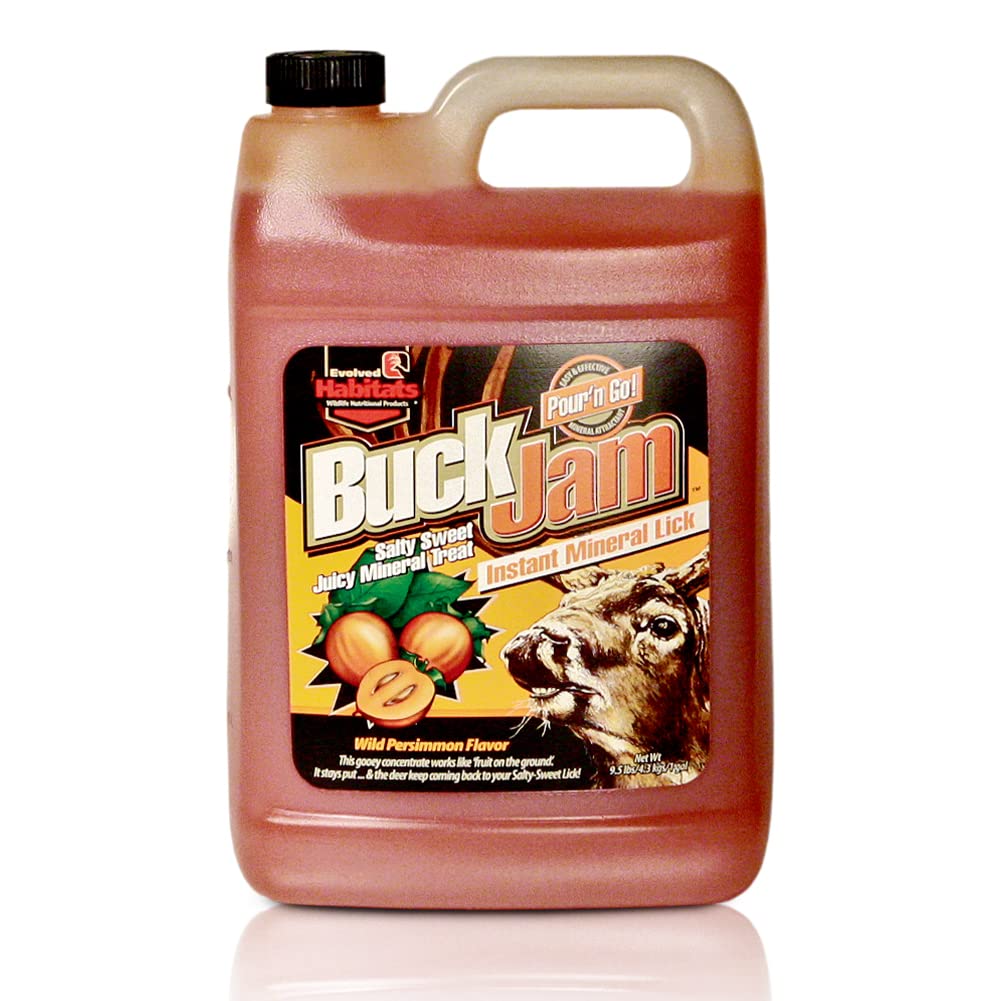 Buck Jam EVOLVED HABITATS Wild Persimmon Flavored Salty Sweet Liquid Deer Attractant - Instant Mineral Lick - Powerful Ready-To-Use Year-Round Beneficial Food Supplement for Deer - 1 Gallon