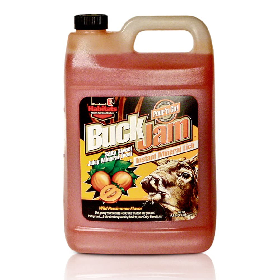 Buck Jam EVOLVED HABITATS Wild Persimmon Flavored Salty Sweet Liquid Deer Attractant - Instant Mineral Lick - Powerful Ready-To-Use Year-Round Beneficial Food Supplement for Deer - 1 Gallon