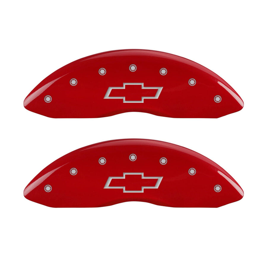 Caliper Covers MGP 14231SBOWRD (Red Powder Coat Finish, Engraved Front and Rear: Bowtie, Silver Characters, Set of 4)