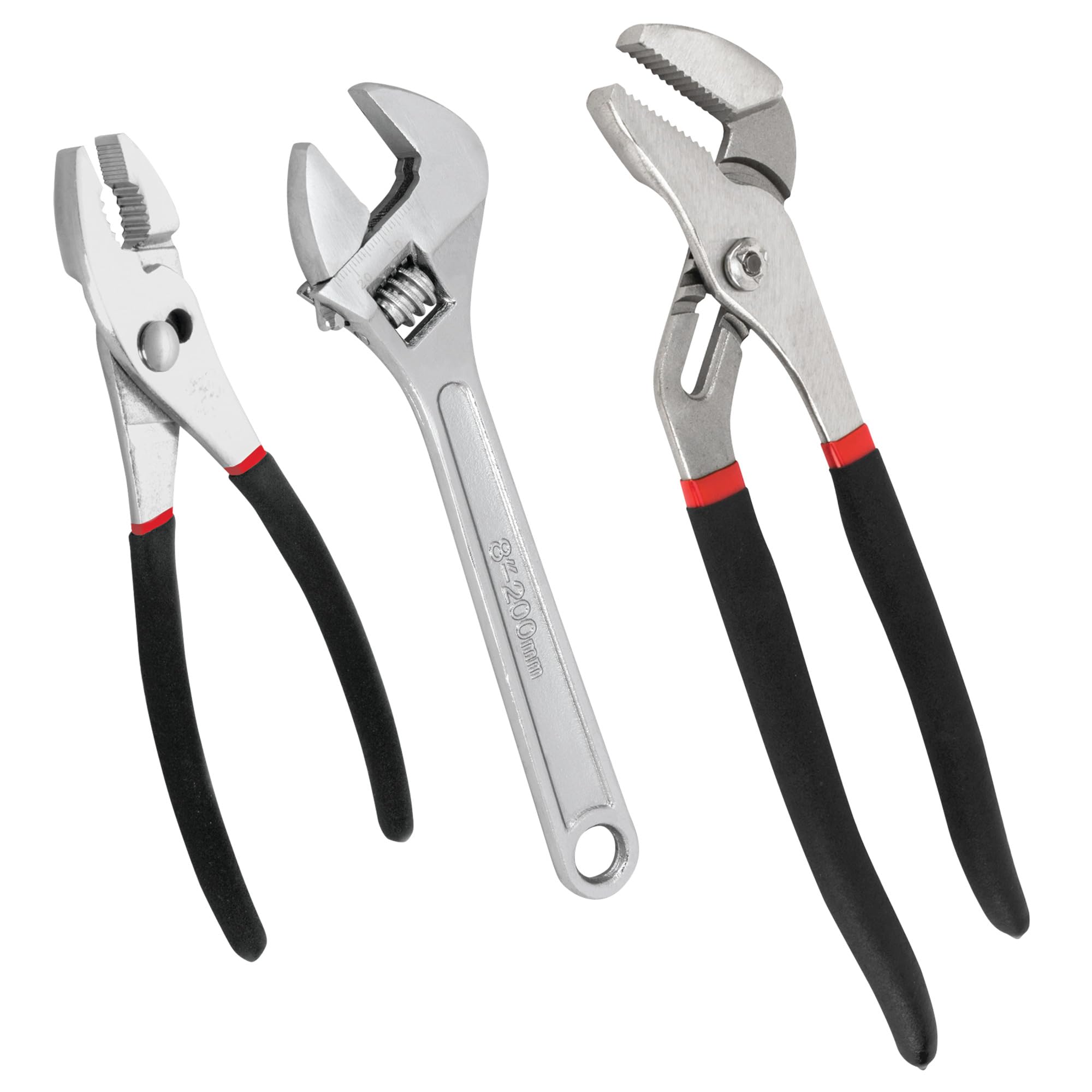 W1781 Performance Tool 3 Pc. Hand Tool Set - Includes Slip Joint Pliers, Adjustable Wrench, Groove Joint Pliers, Cushioned Handles, Drop-Forged Alloy Steel, Black/Red