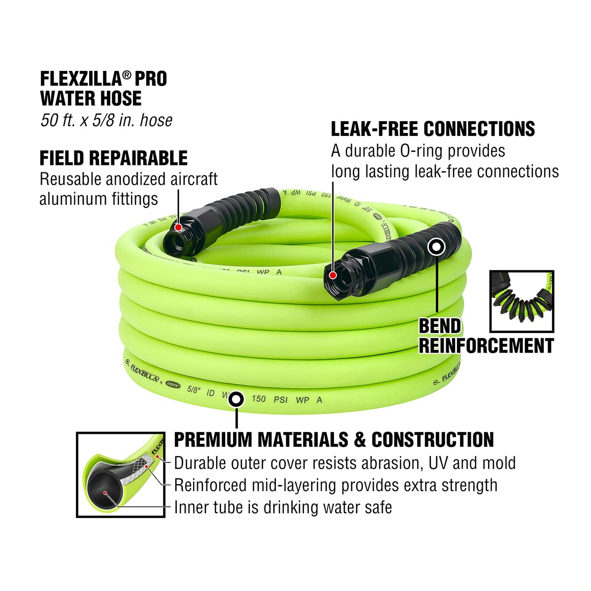 Pro Flexzilla Water Hose with Reusable Fittings, 5/8 in. x 50 ft., Heavy Duty, Lightweight, ZillaGreen - HFZWP550-E