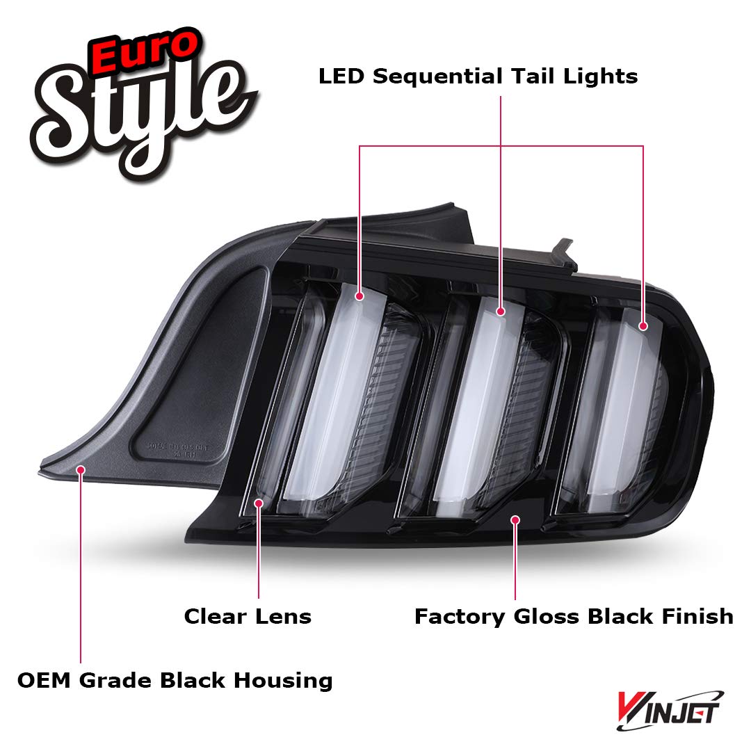 Euro Style Winjet Compatible with 2015 2016 2017 2018 2019 2020 Ford Mustang LED Sequential Tail Lights Rear Lamps (Clear)