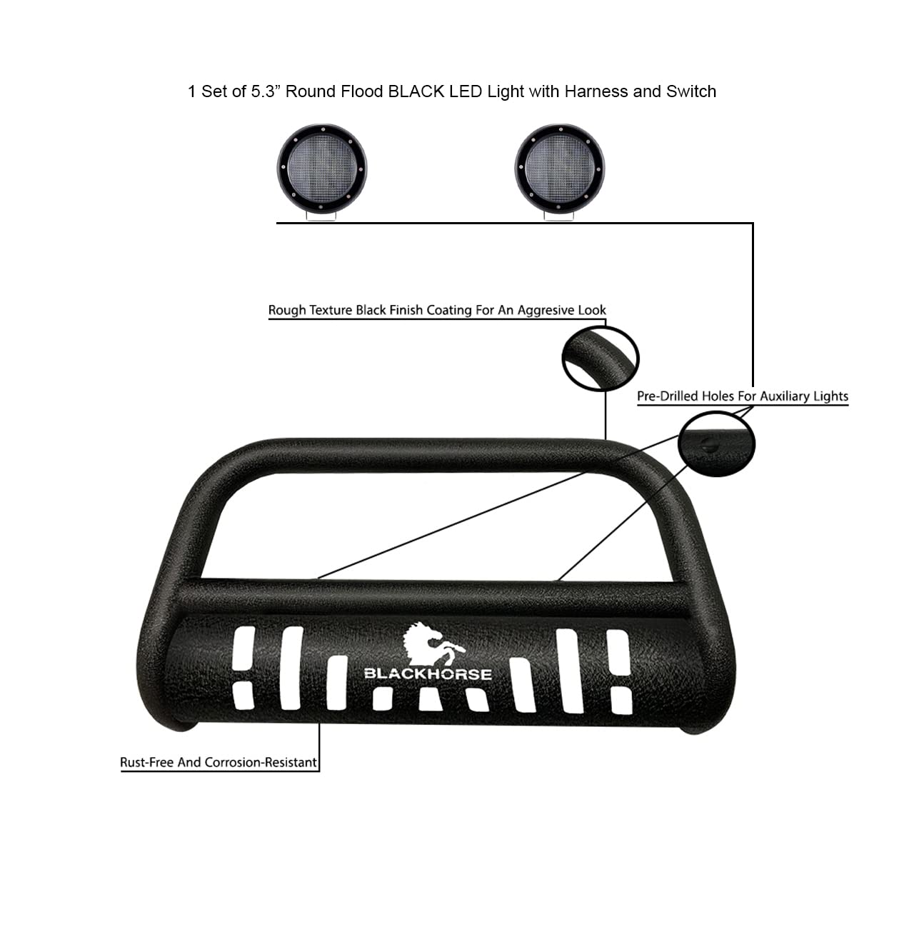 Bull Bar-T Kit Black Horse Textured Black Compatible with 2018-2024 GMC Terrain|2018-2024 Chevrolet Equinox-CBT-C292SP-PLFB