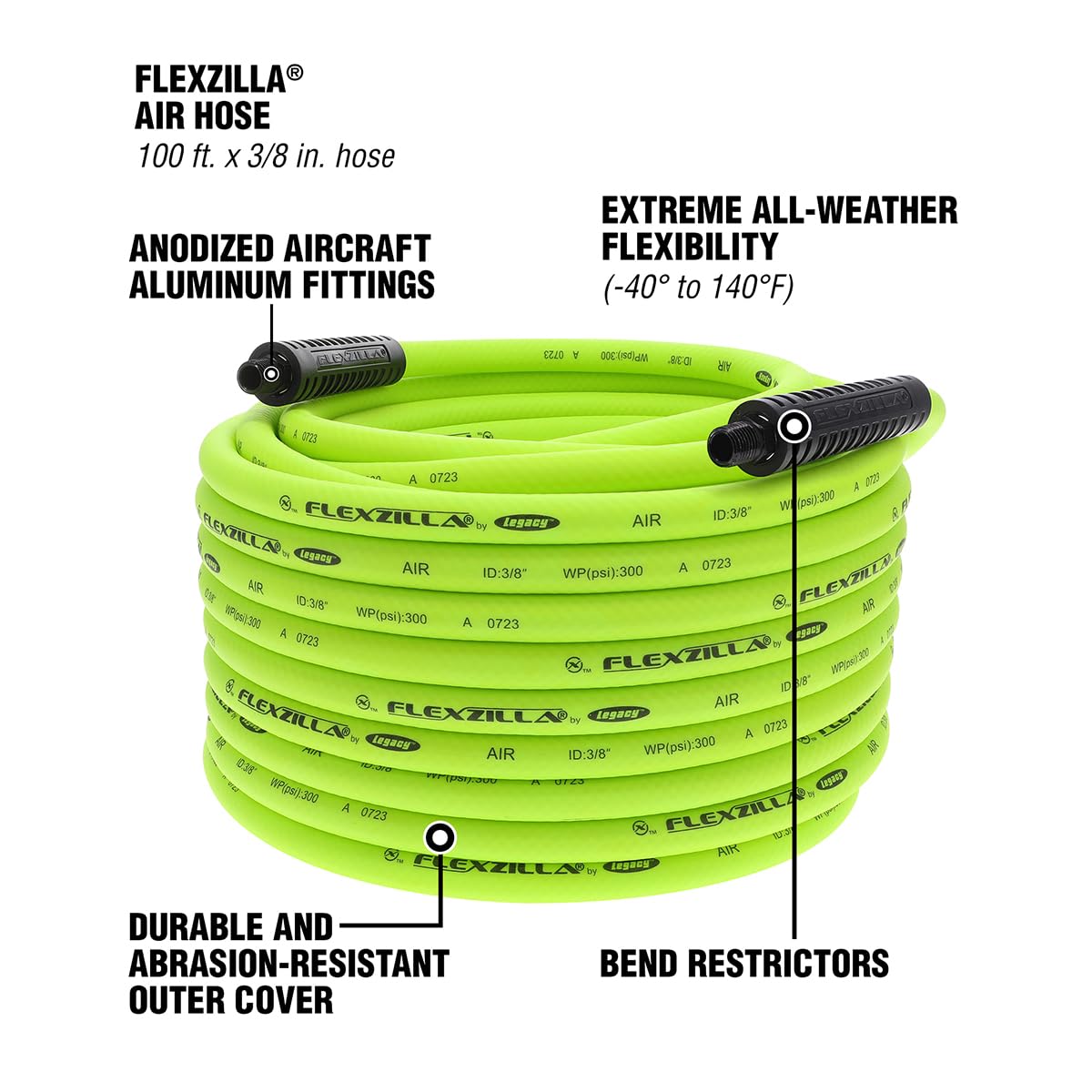 Air Hose Flexzilla, 3/8 in. x 100 ft., 1/4 in. MNPT Fittings, Heavy Duty, Lightweight, Hybrid, ZillaGreen - HFZ38100YW2