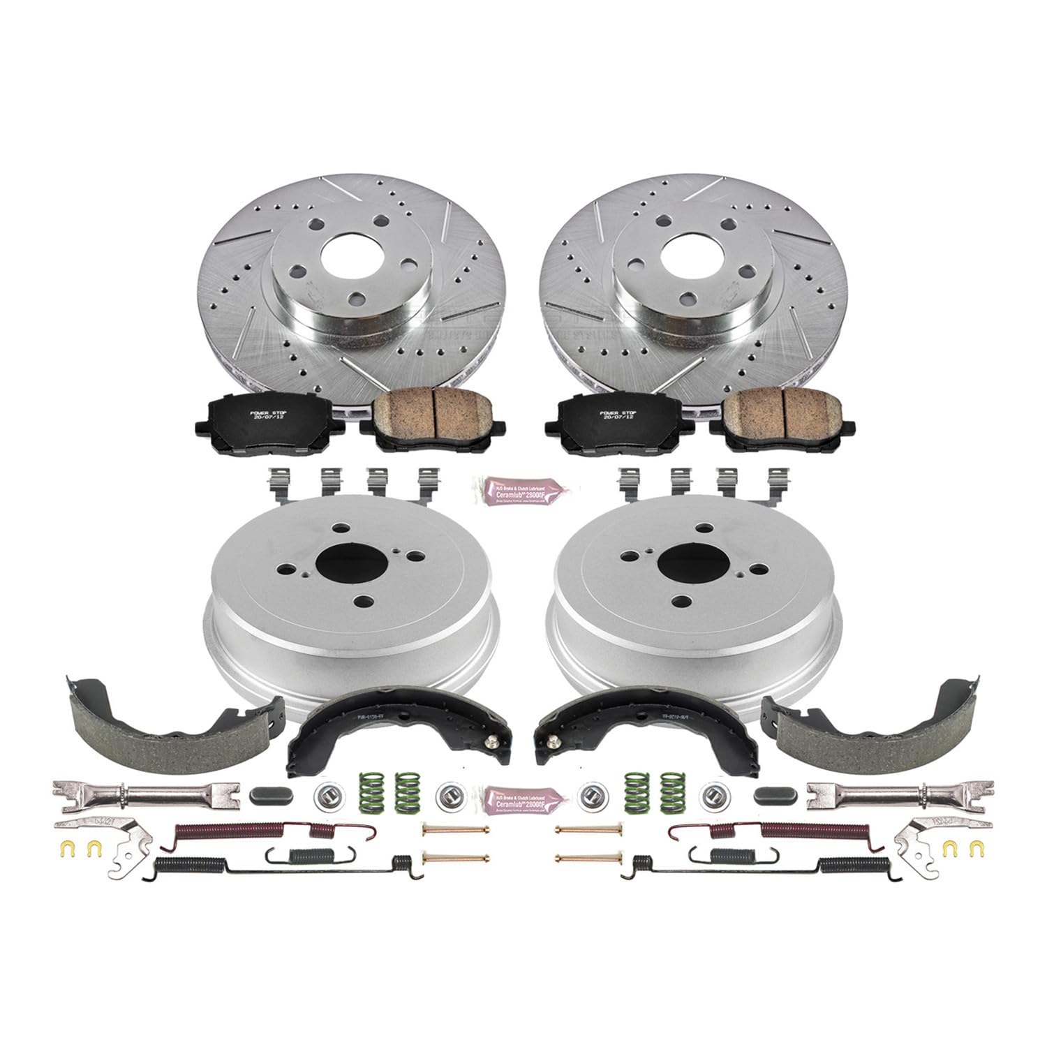 Power Stop K15220DK Z23 Carbon Fiber Brake Pads Front and Rear with Drilled & Slotted Brake Drums Kit For Pontiac Vibe 2003-2008, Toyota Matrix 2003-2008 [Model Specific]