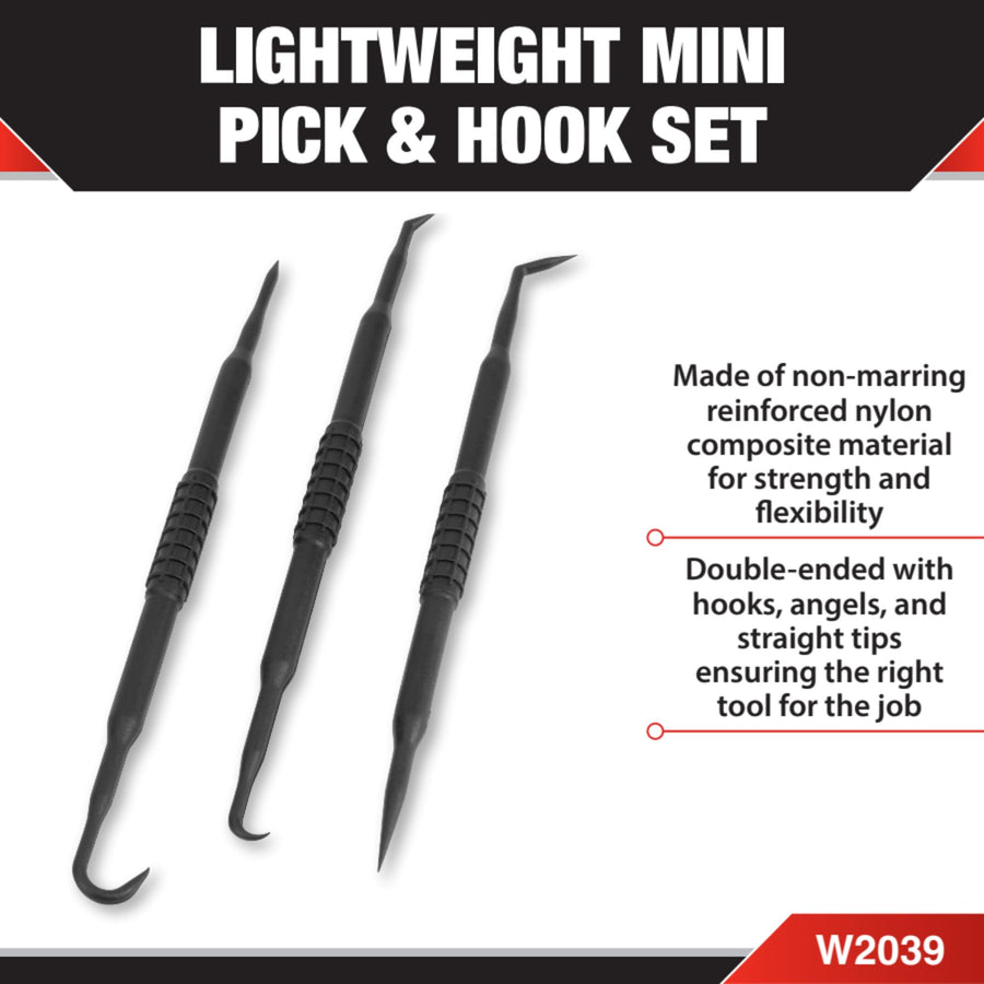 Mini Pick & Hook Set Performance Tool W2039, 3-Piece with Hooks, Angles, and Straight Tips for O-Ring, Seal/Gasket Removal and Wiring Work