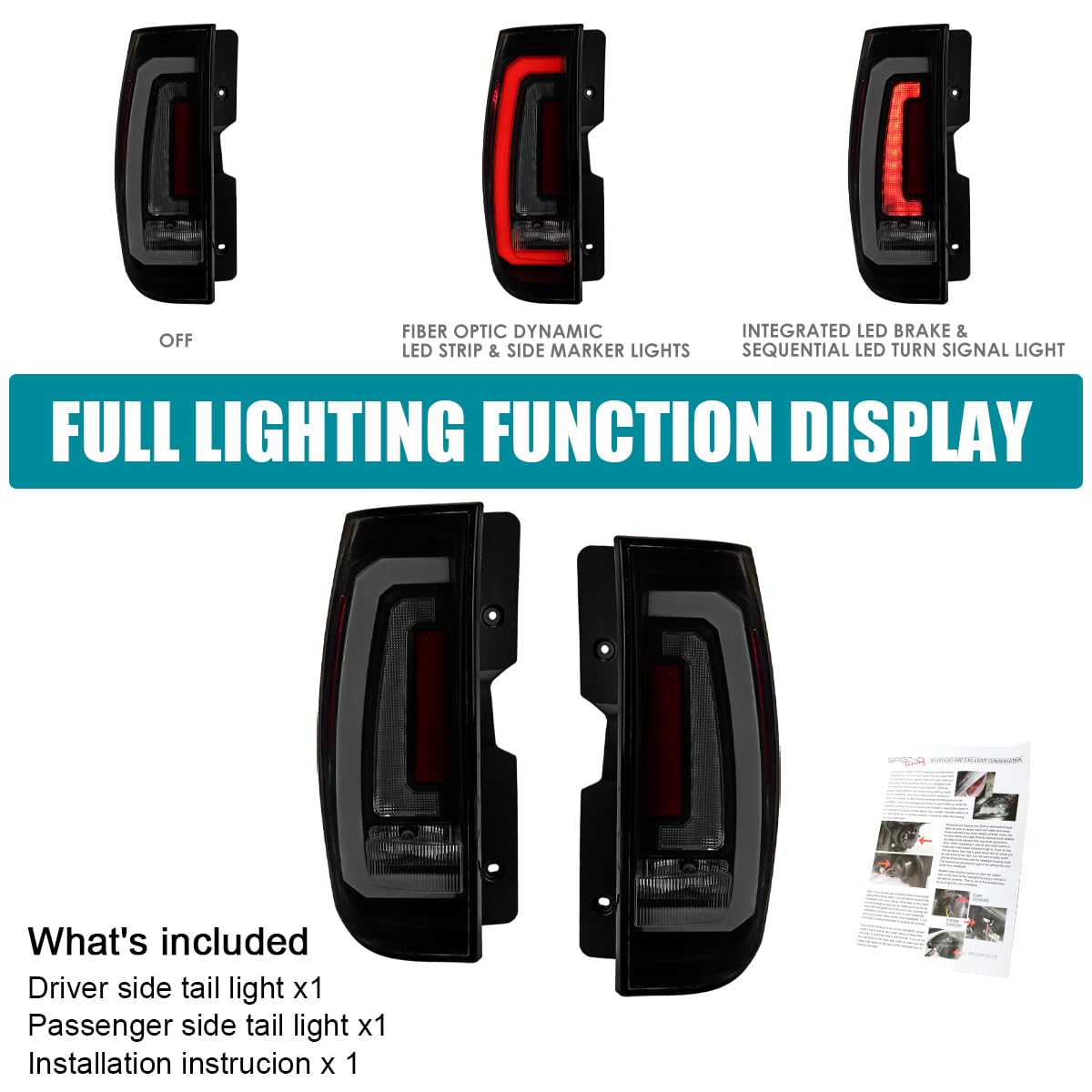 Black Smoke Tail Lights SPEC-D TUNING w/White LED Sequential Turn Signals and Startup Animation Compatible with 2007-2014 Chevy Tahoe, Suburban, GMC Yukon/Denali/XL, Left + Right Pair Assembly
