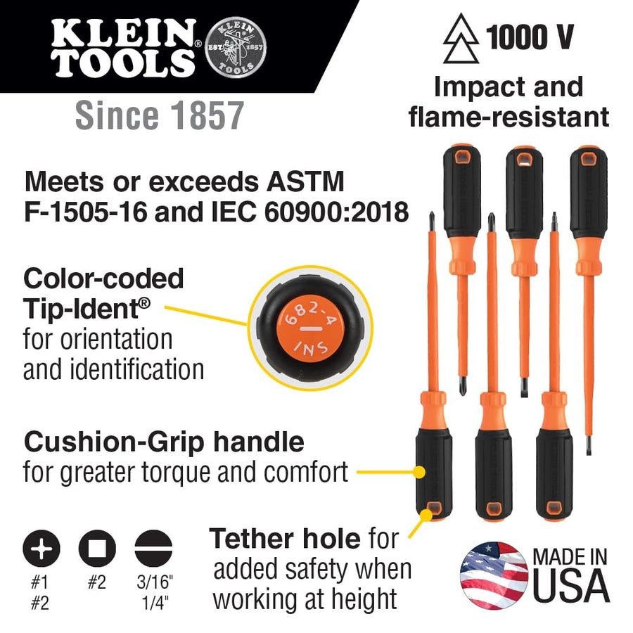 Klein Tools Insulated Screwdriver Set 85076INS, Made in USA, features 1000V Electricial Screwdrivers, (3) Phillips and (2) Slotted and Square Tips, 6-Piece