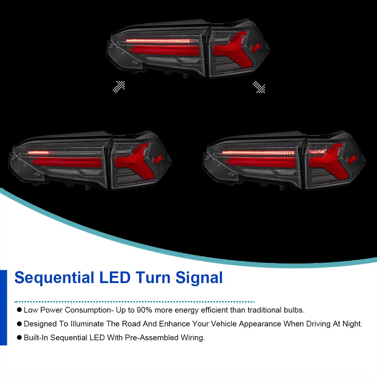 Black LED Sequential Tail Lights w/Red Bar SPEC-D TUNING Compatible with 2019-2023 Toyota RAV4, Left + Right Pair Assembly