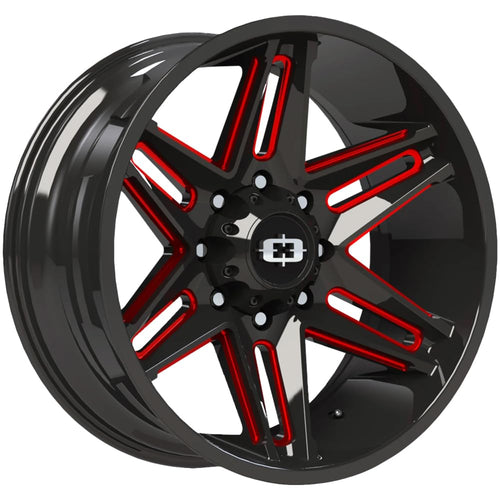 Custom Wheel Vision 363 RAZOR - 20x12, -51 Offset, 8x170 Bolt Pattern, 125.2mm Hub - Gloss Black with Milled Spokes and Red Tint Rim