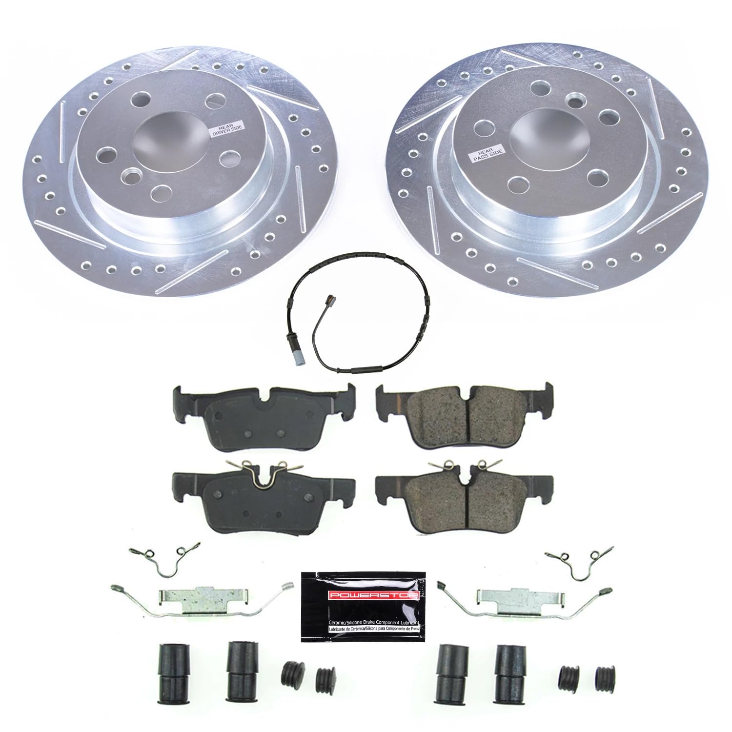 Power Stop K8110 Rear Brake Pads Z23 Carbon Fiber with Drilled & Slotted Brake Rotors Kit and 1 Rear Sensor Wire For BMW i3 2014-2021, BMW i3s 2018-2021 [Model Specific]