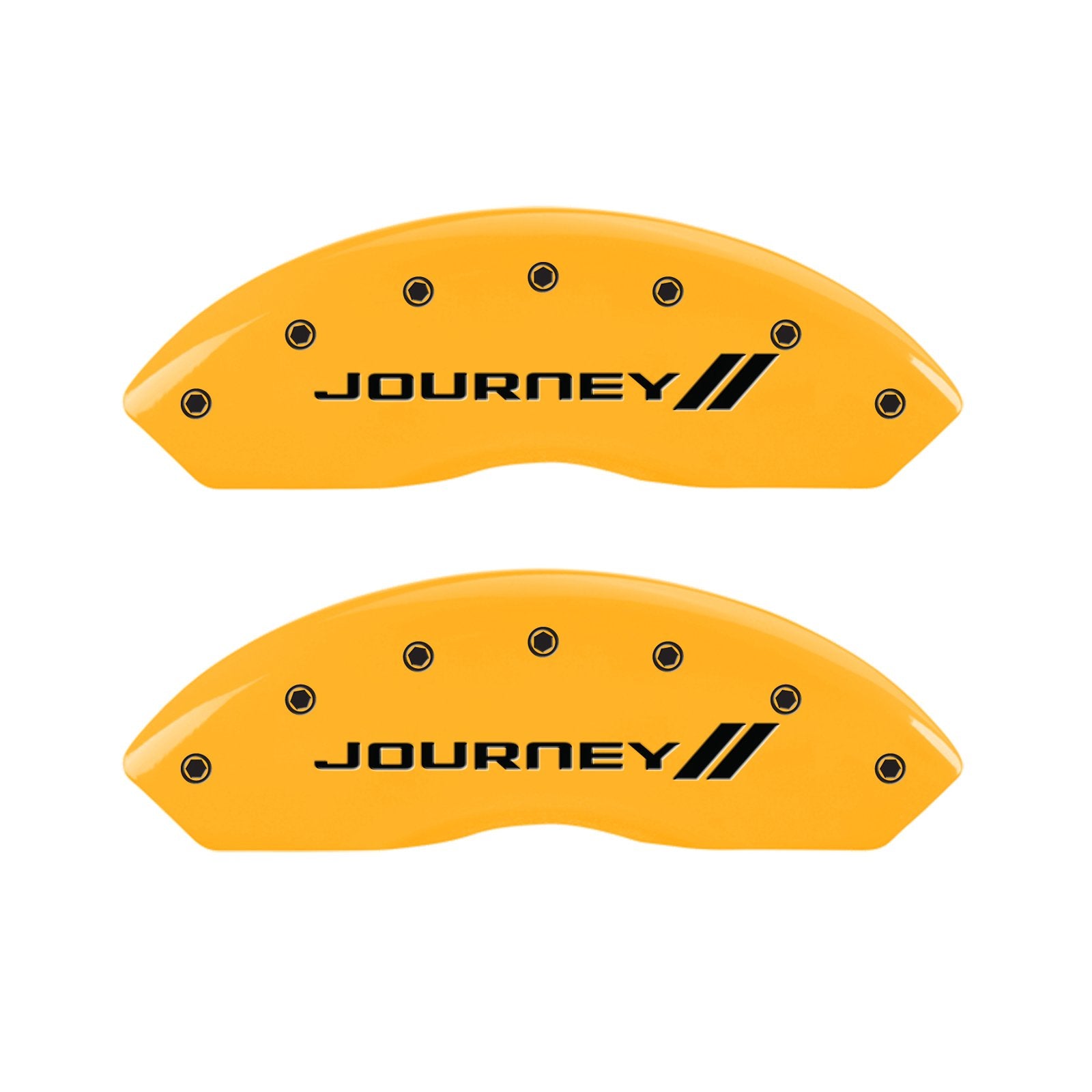 Caliper Covers MGP 12200SJNYYL Yellow (Set of 4, Engraved Front and Rear: With stripes/Journey, Yellow powder coat finish, black characters)