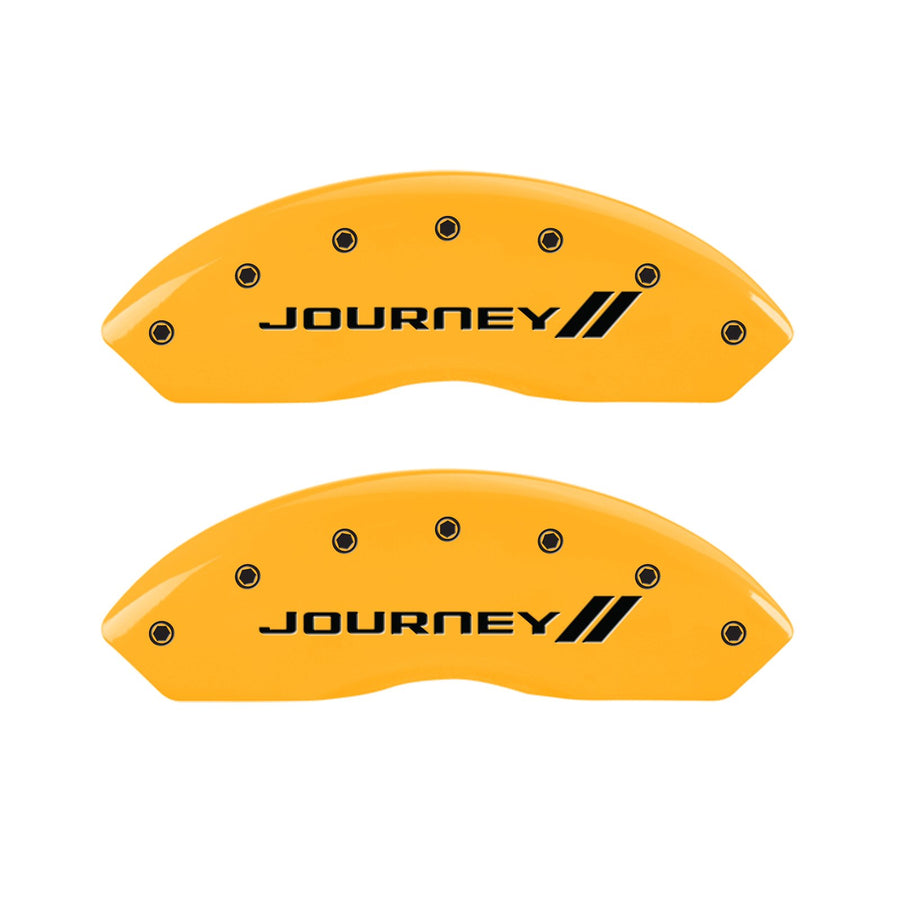 Caliper Covers MGP 12200SJNYYL Yellow (Set of 4, Engraved Front and Rear: With stripes/Journey, Yellow powder coat finish, black characters)