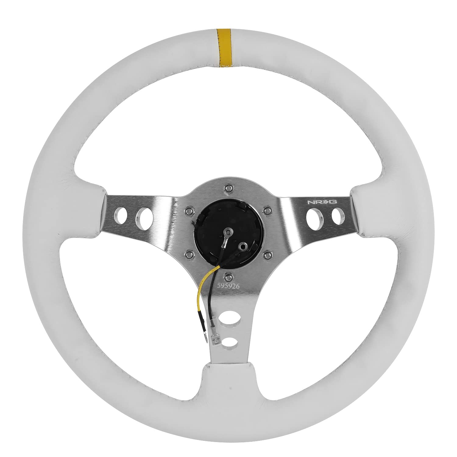 NRG Innovations Reinforced NRG-RST-006WT-Y Steering Wheel 350mm Sport Steering Wheel (3" Deep), Silver Spoke with White Leather Finish and White Stitch