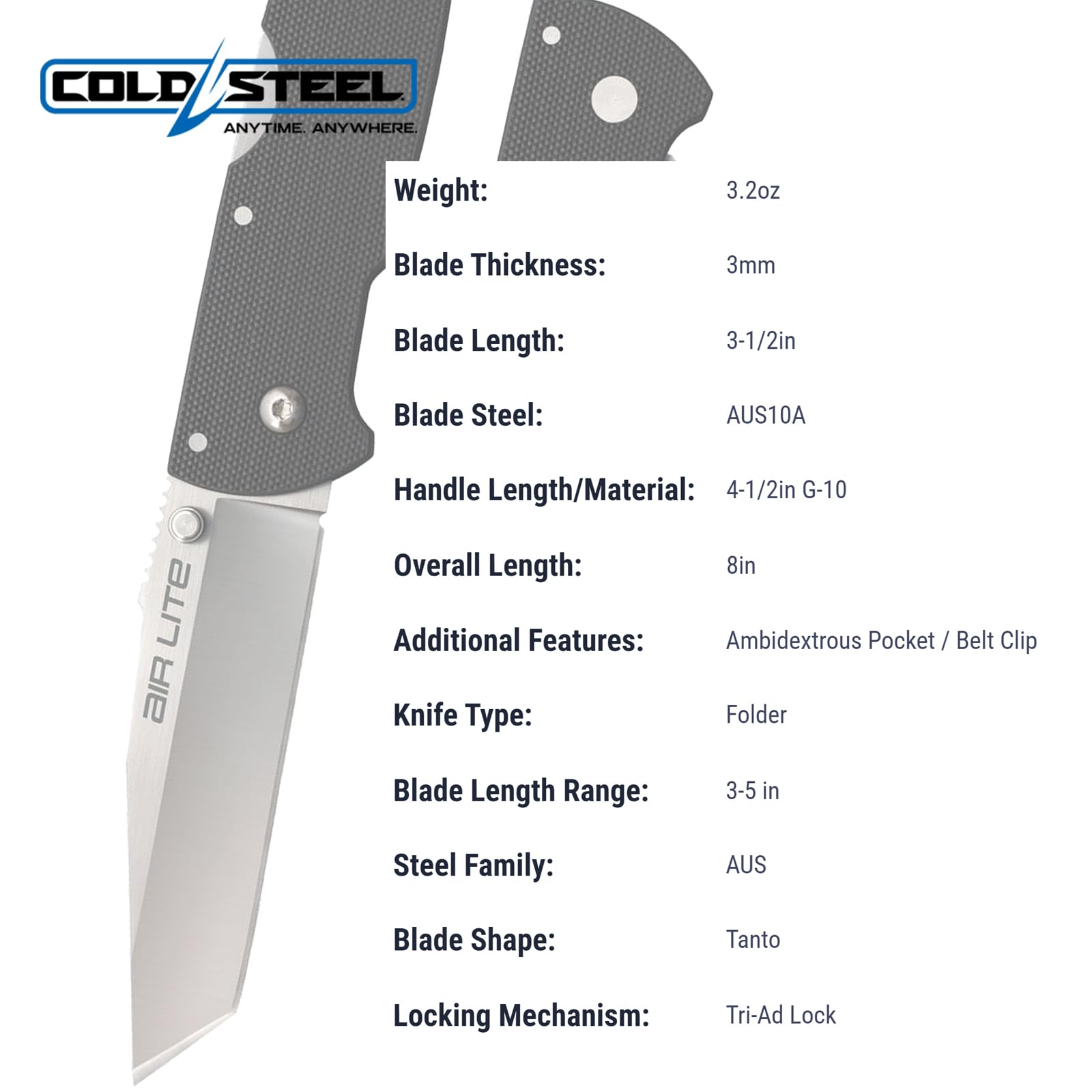 Air Lite Cold Steel 3.5" AUS10A Tanto Point Blade 4.5" G-10 Handle Everyday Carry Compact Pocket Folding Knife, Boxed